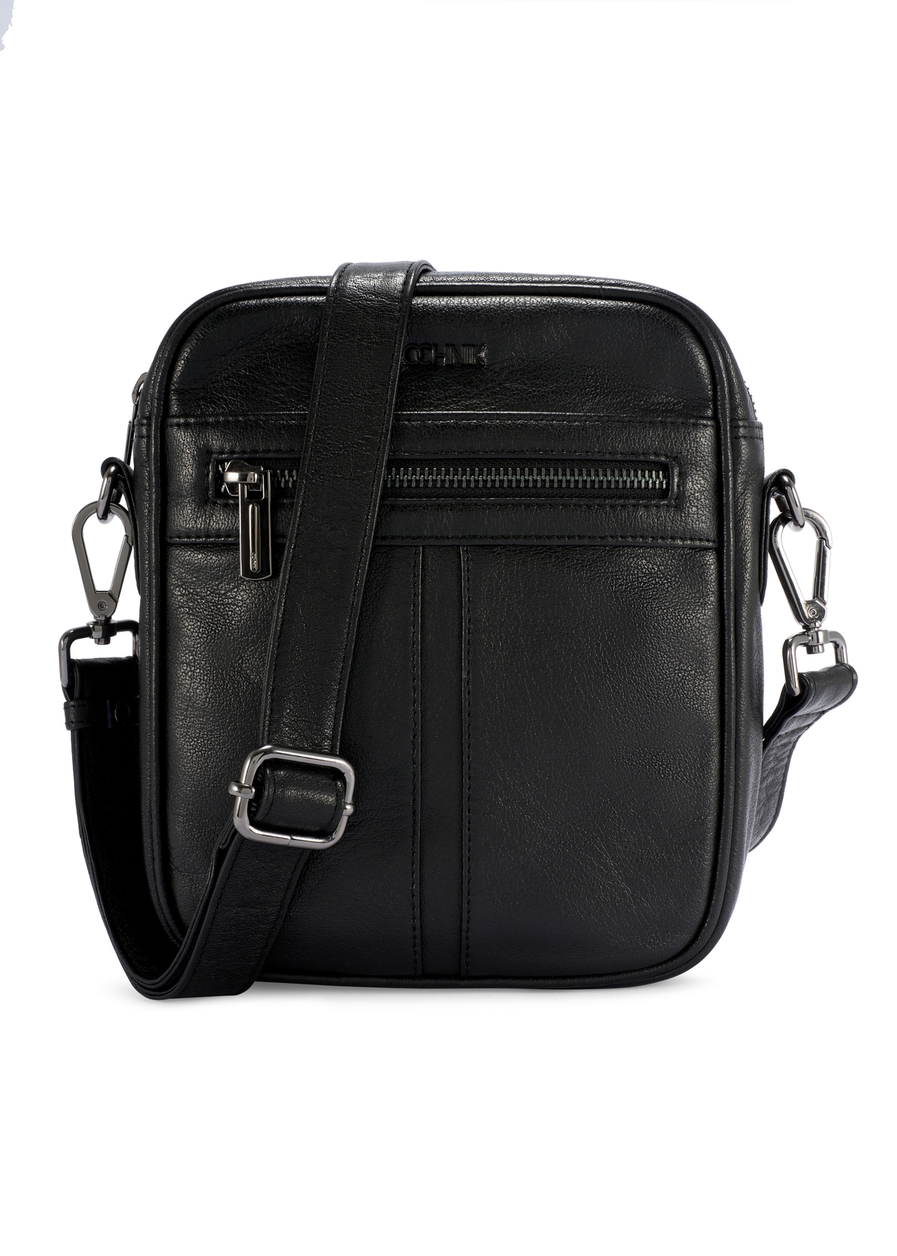 Black leather men's bag TORMS-0491-99(W26), product view from the front on a white background.