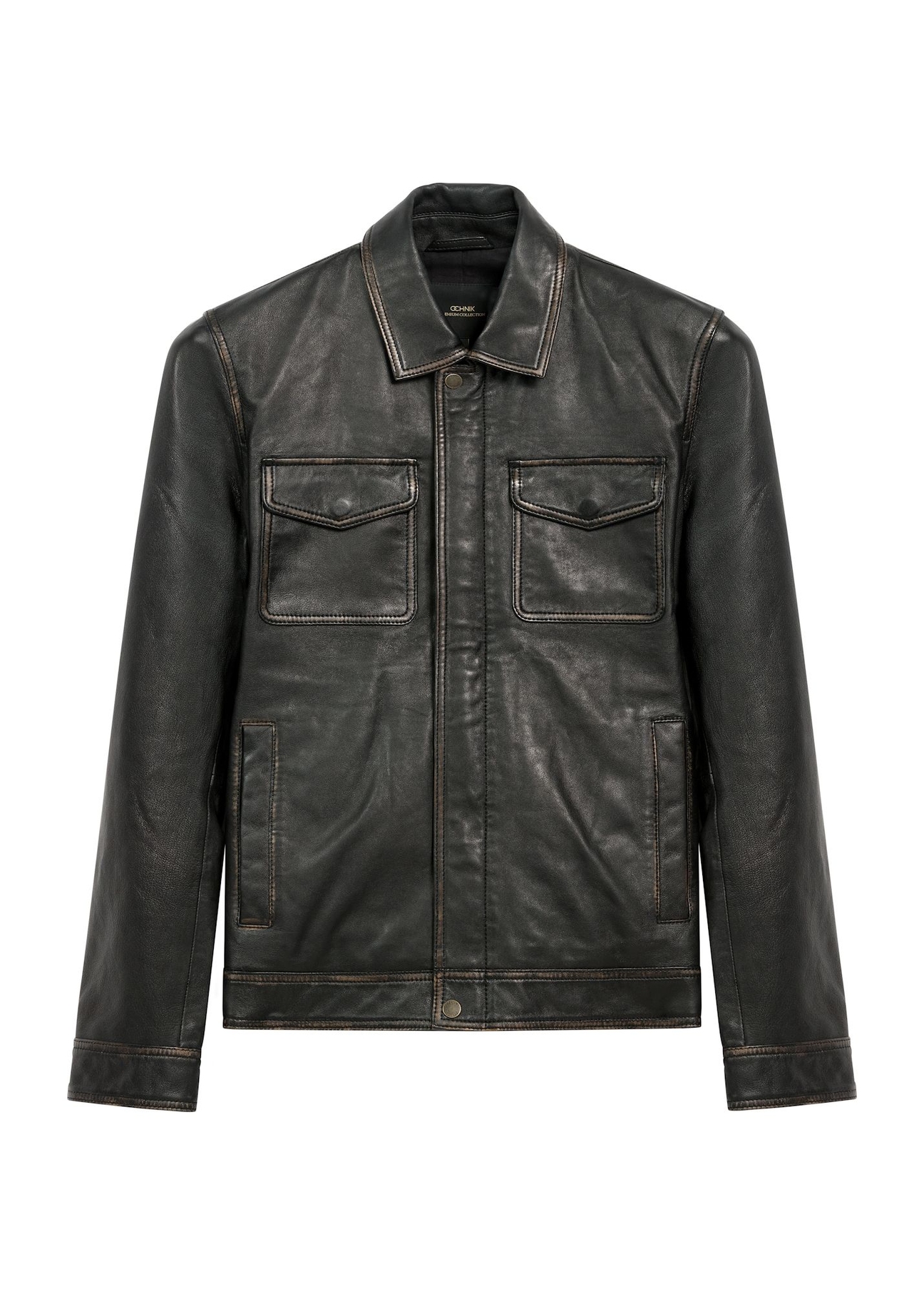 Black vintage men's leather jacket KURMS-0381-2870(Z25), product view from the front on a white background.