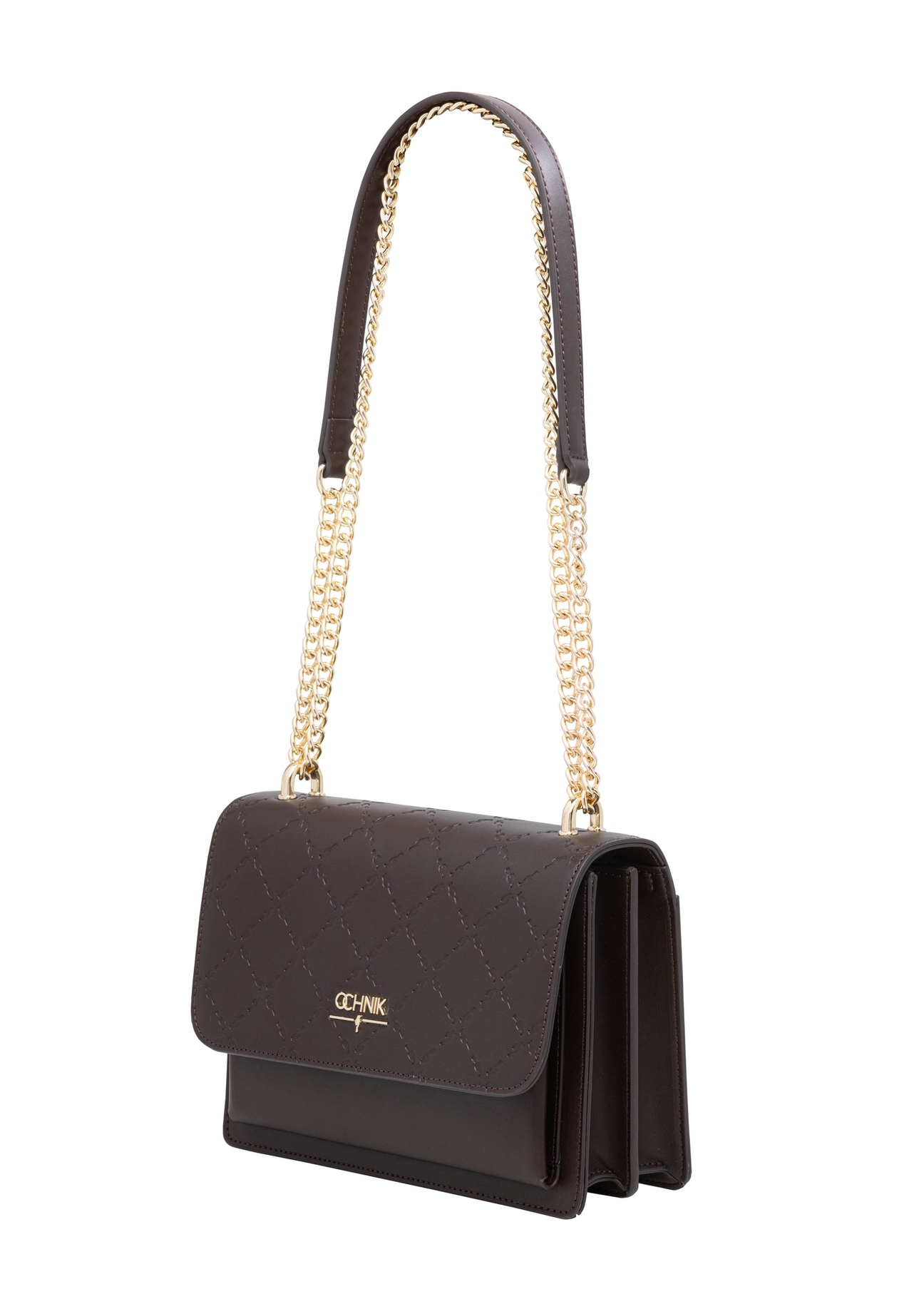 Brown women's handbag with monogram TOREC-1155-1I(Z26), diagonal product view on a white background.