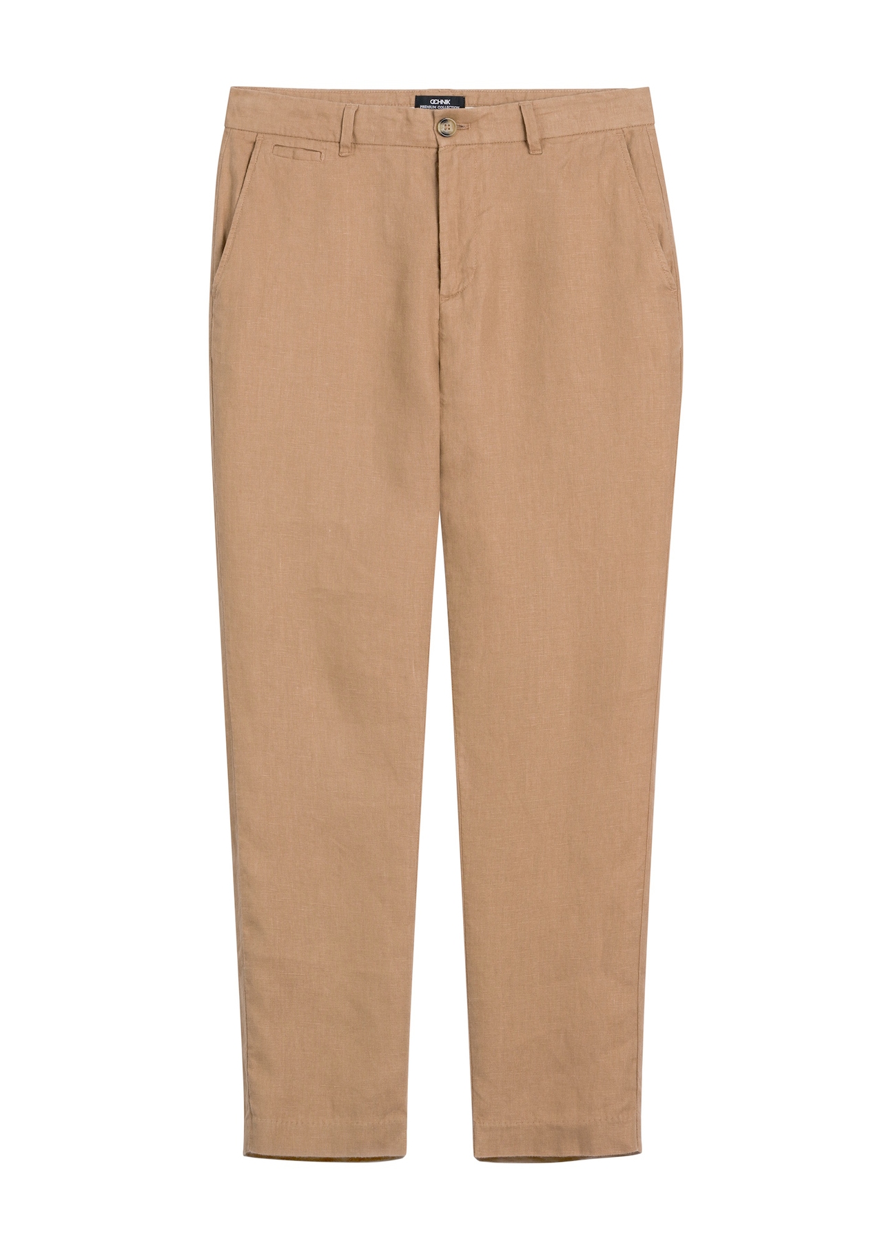 Men's linen camel trousers SPOMT-0119-1D(W26), front product view on white background.