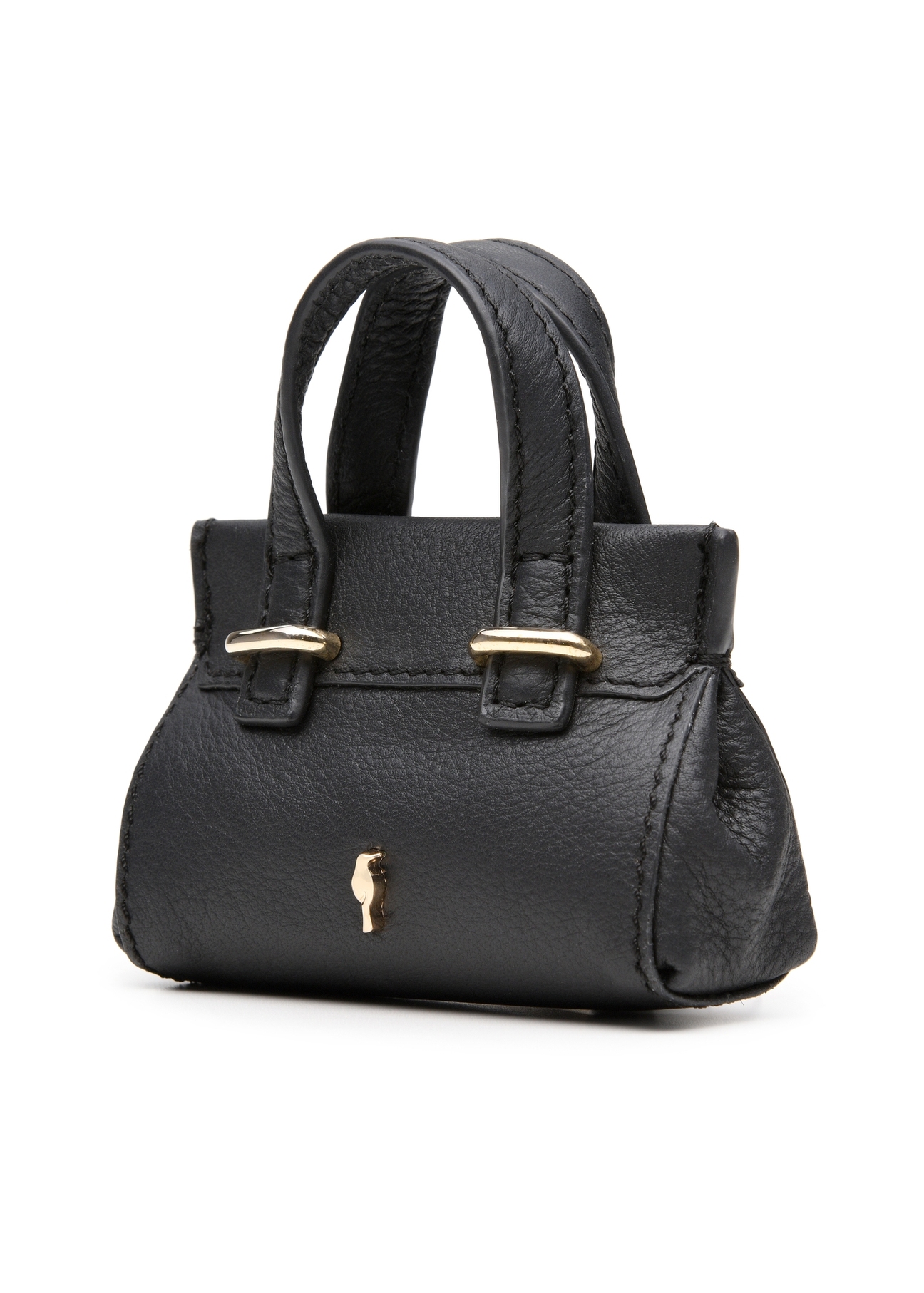 Black leather bag-shaped keychain BRELOK-0214-99(Z25), diagonal product view on white background.