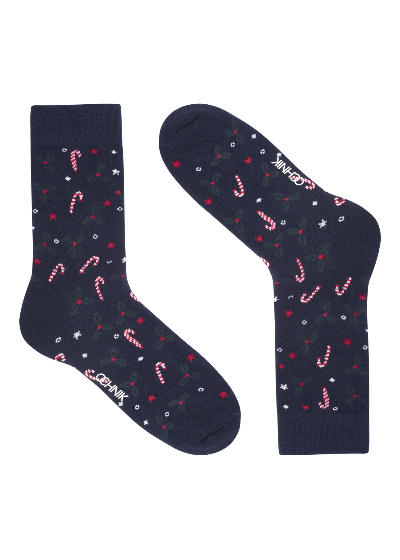 Navy blue men's Christmas socks SKAMT-0208-7D(Z26), product view from the front on a white background.