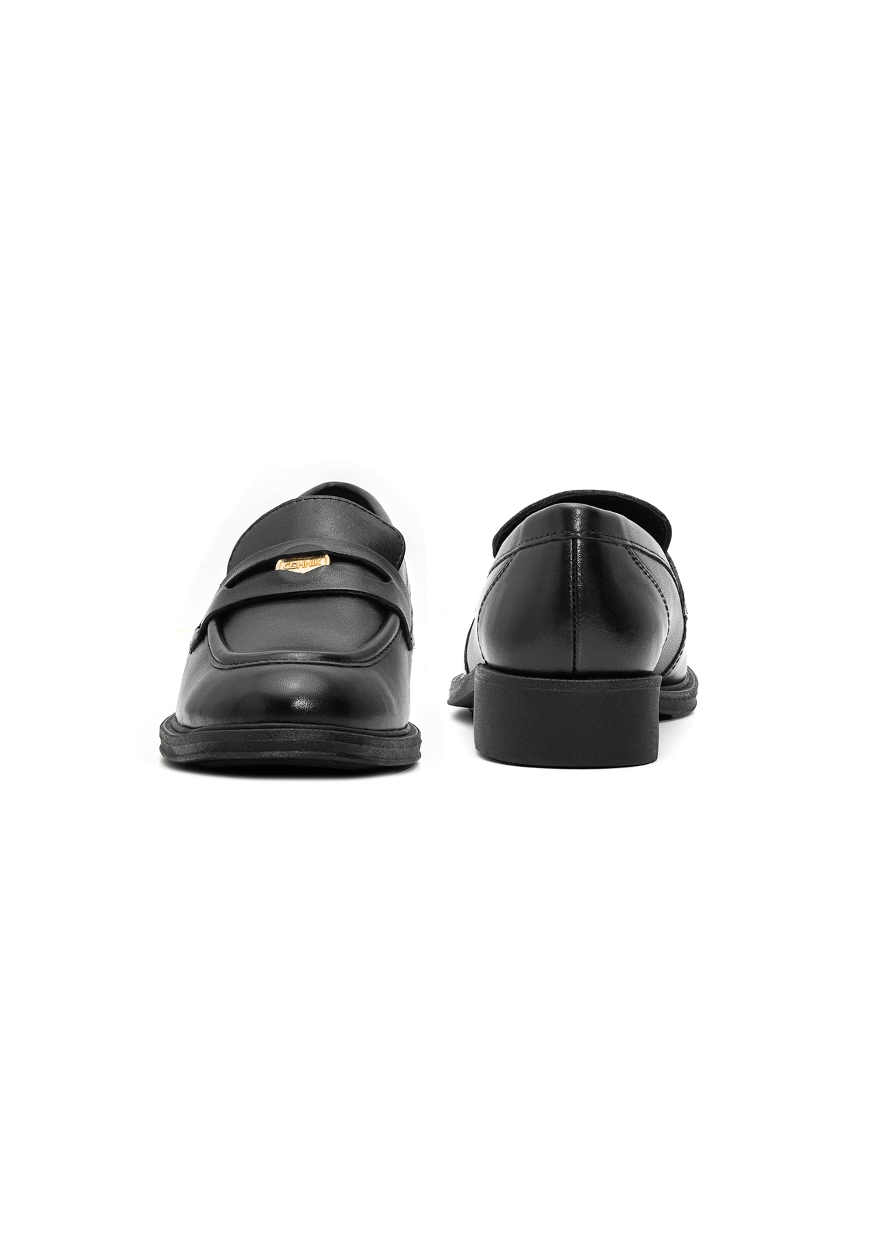 Women's black leather moccasins with logo BUTYD-1199-99(Z25), front and back product view on white background.