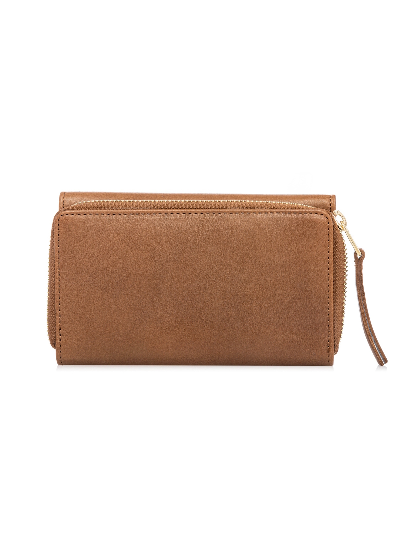 Medium women's wallet in cognac color PORES-0989-1F(W26), product view from the back on a white background.