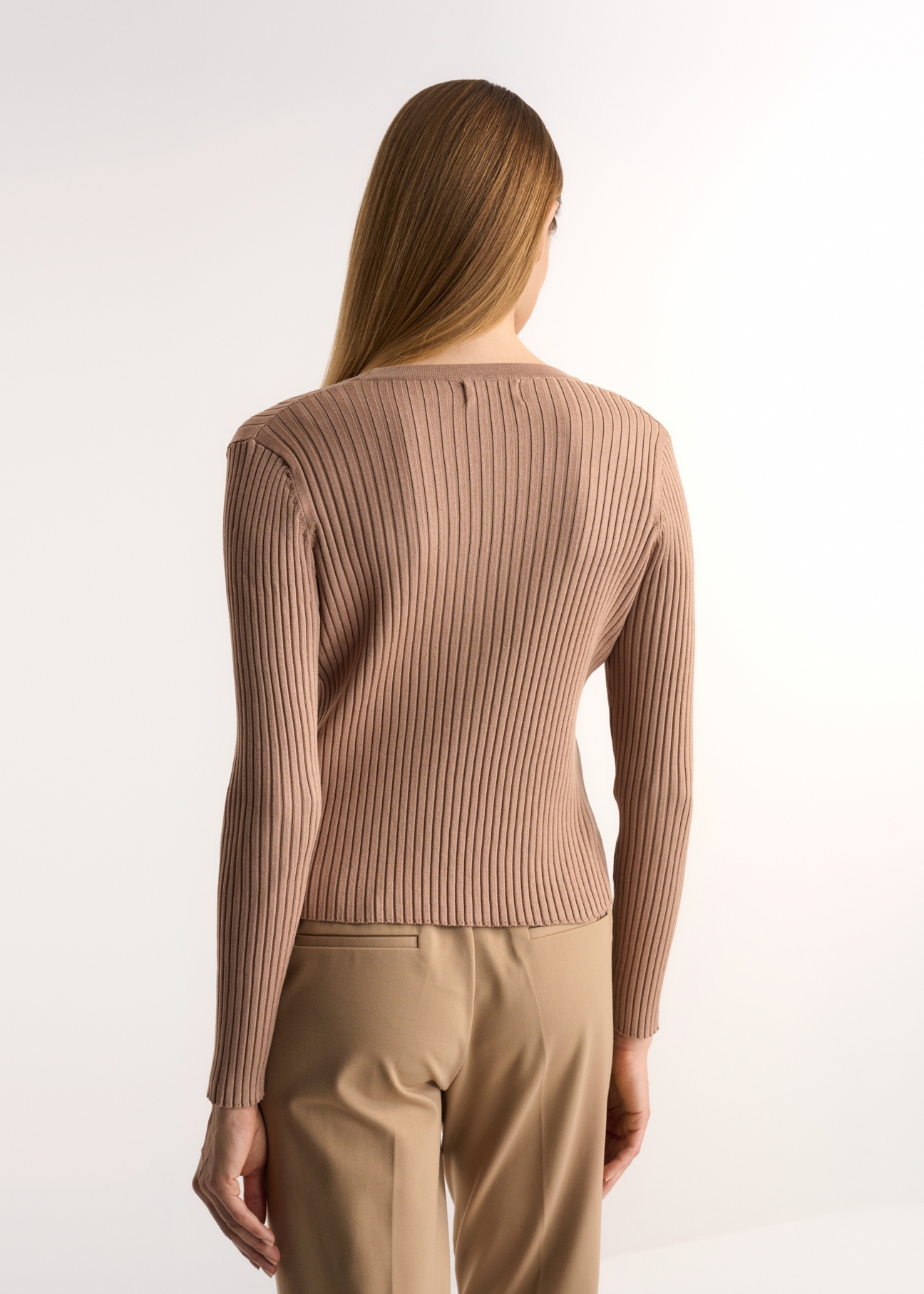 Beige women's V neck blouse LSLDT-0029-81(Z22)-03