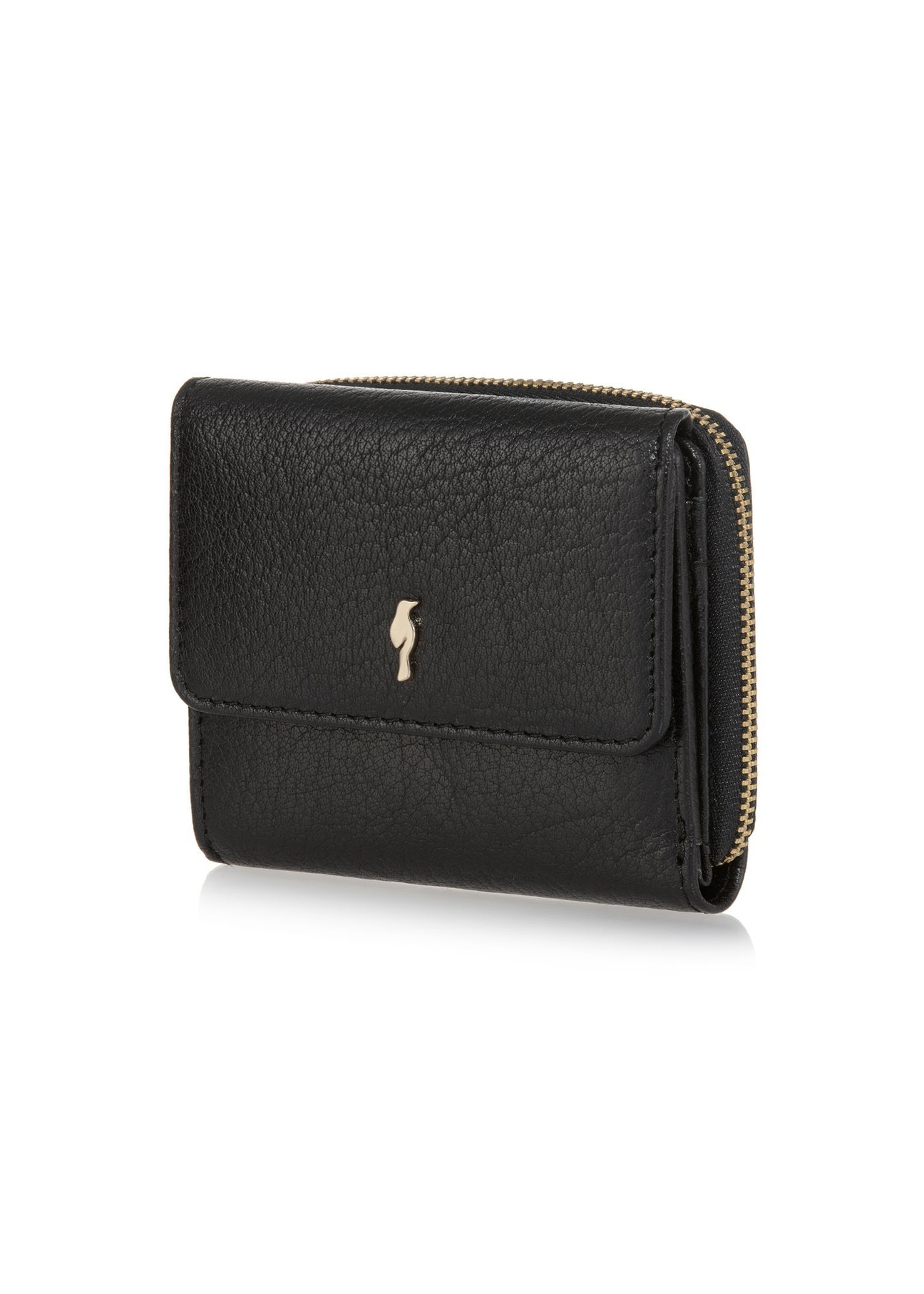 Small fold-out women's wallet black leather PORES-0816A-99(Z25), diagonal product view on white background.