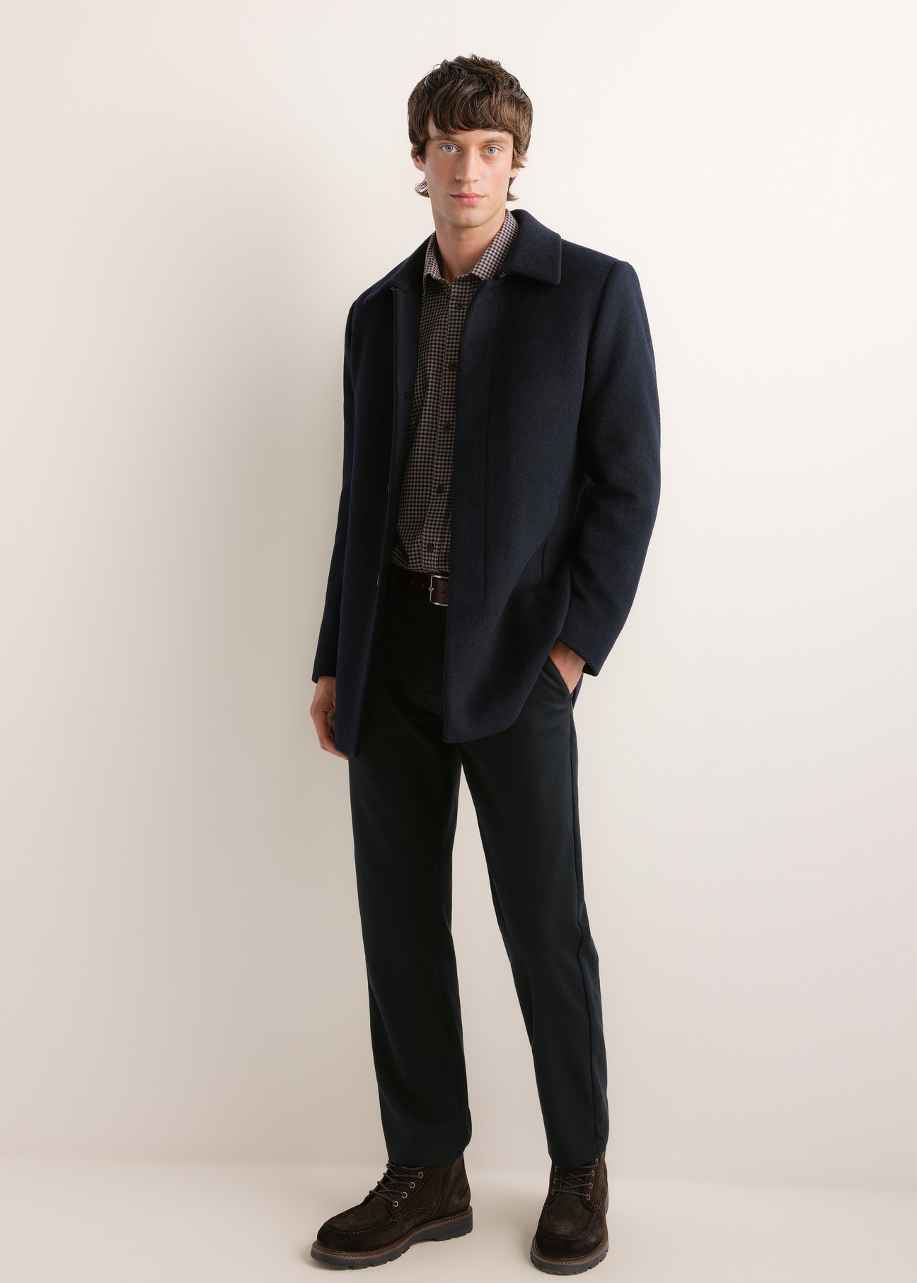 Men's navy wool coat PLAMT-0011-7D(Z26), front view on a model. Full-body shot.