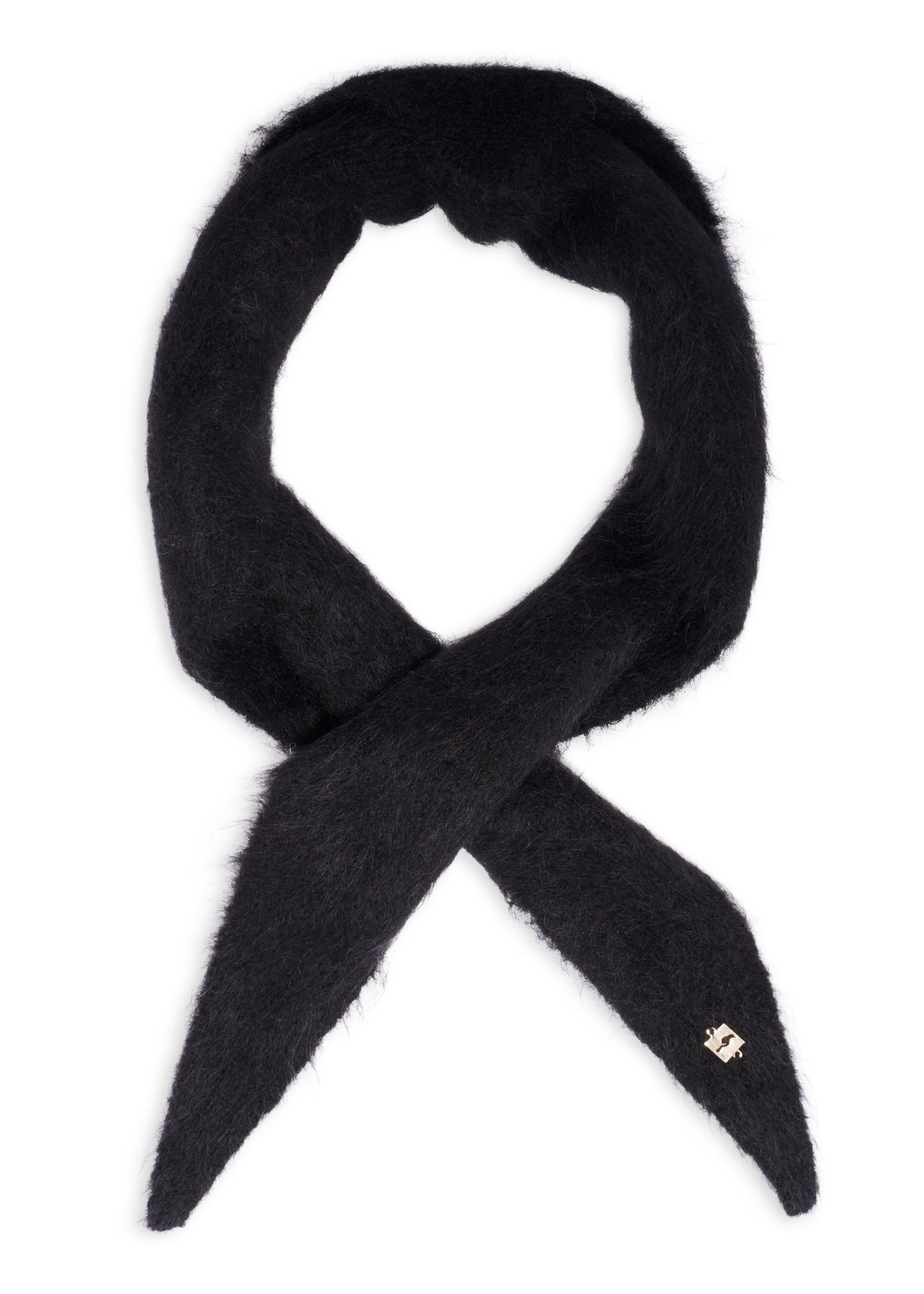 Black women's scarf made of alpaca wool SZADT-0223-99(Z26) - top view, on white background.