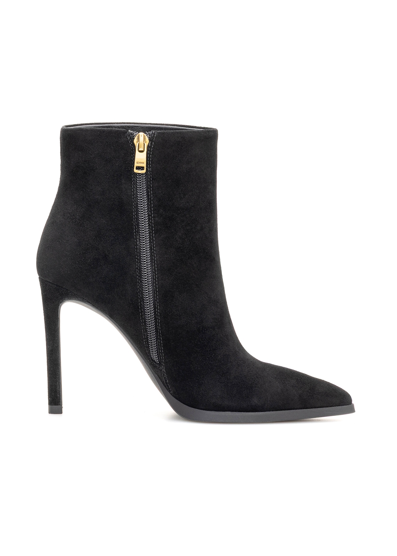 Black suede high heel ankle boots BUTYD-1207-99(Z25), side view of the product on a white background.