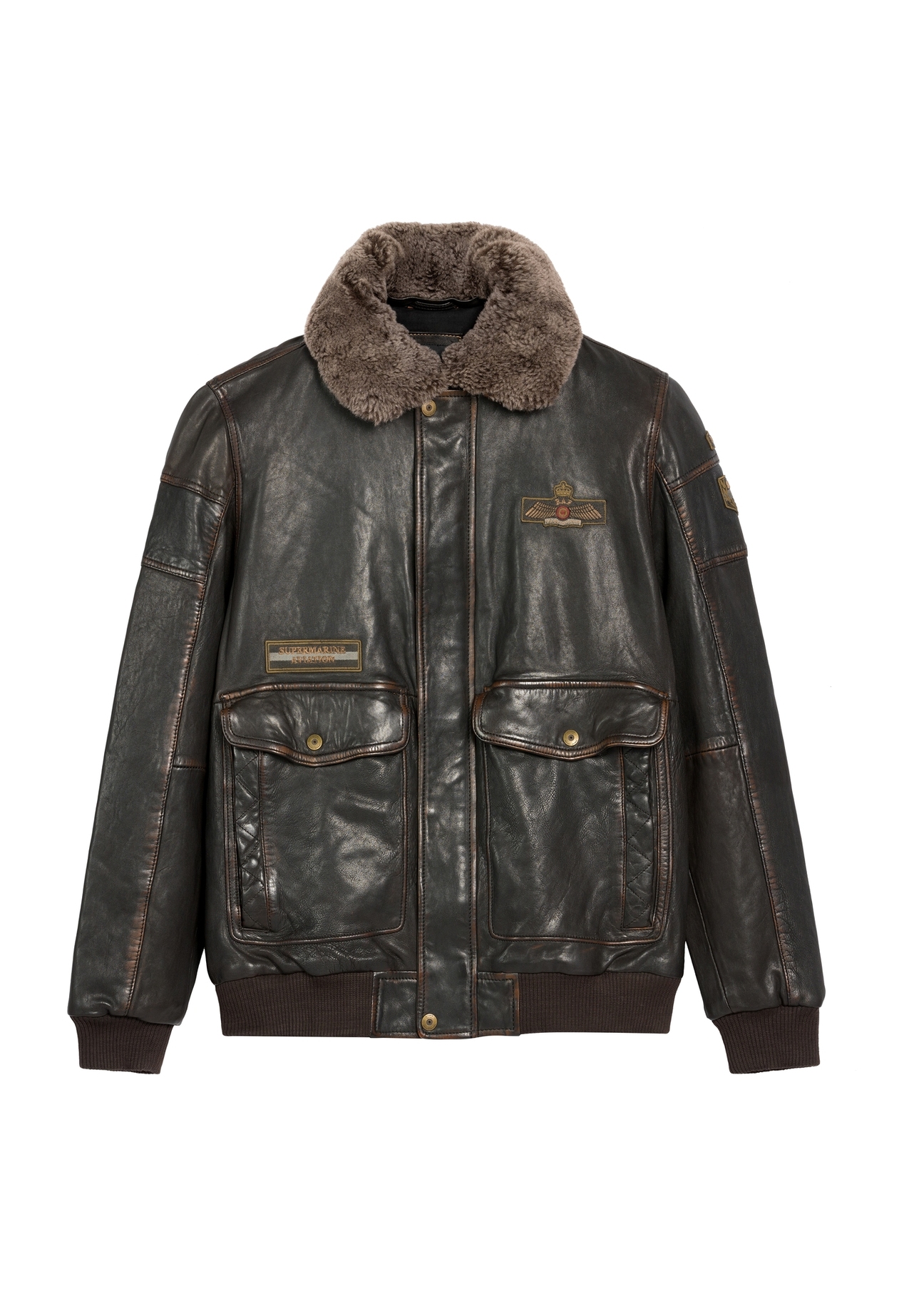 Brown leather jacket with collar KURMS-0380-2877(Z25), front product view on white background.