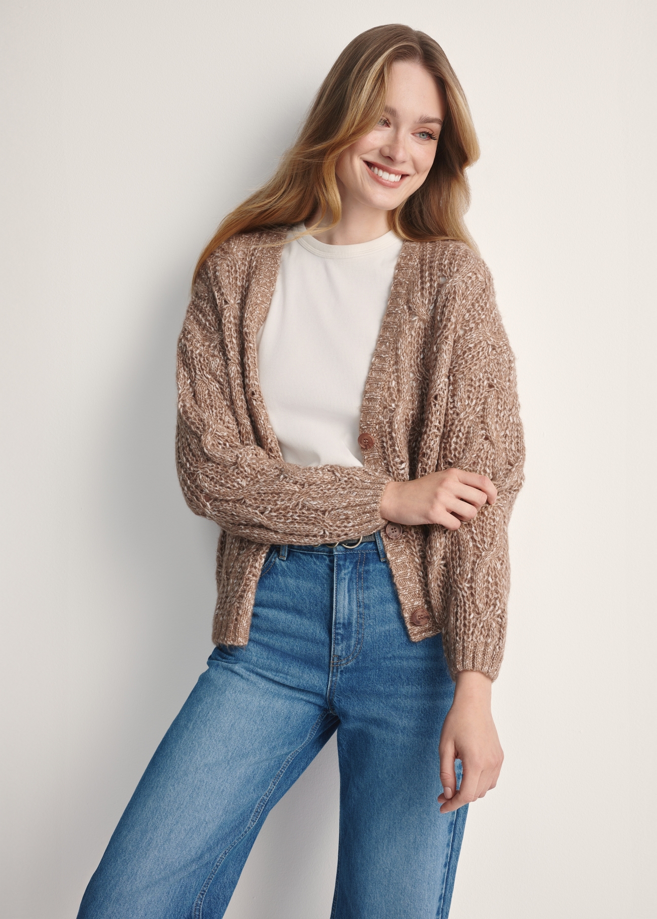 Women's camel cardigan KARDT-0054-24(Z25) - front product view on white background. Half of the silhouette visible.