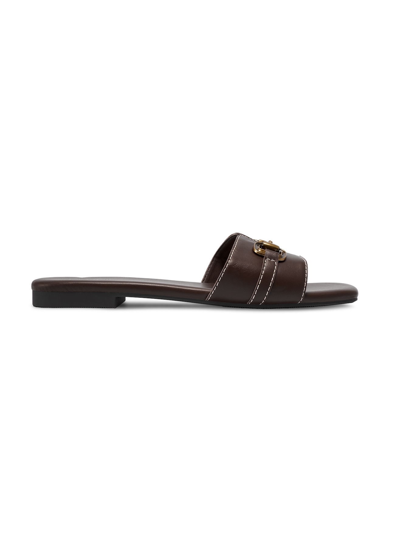 Women's dark brown leather flip-flops BUTYD-1273-1I(W26), side view of the product on a white background.