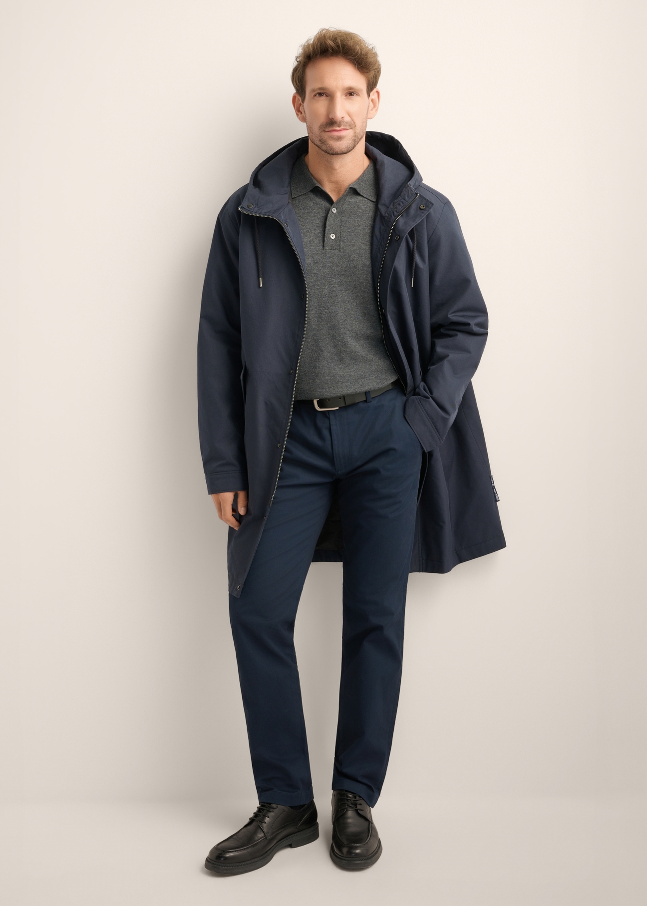 Men's navy transitional jacket KURMT-0425-7D(Z26), front product view on model. Full body visible.