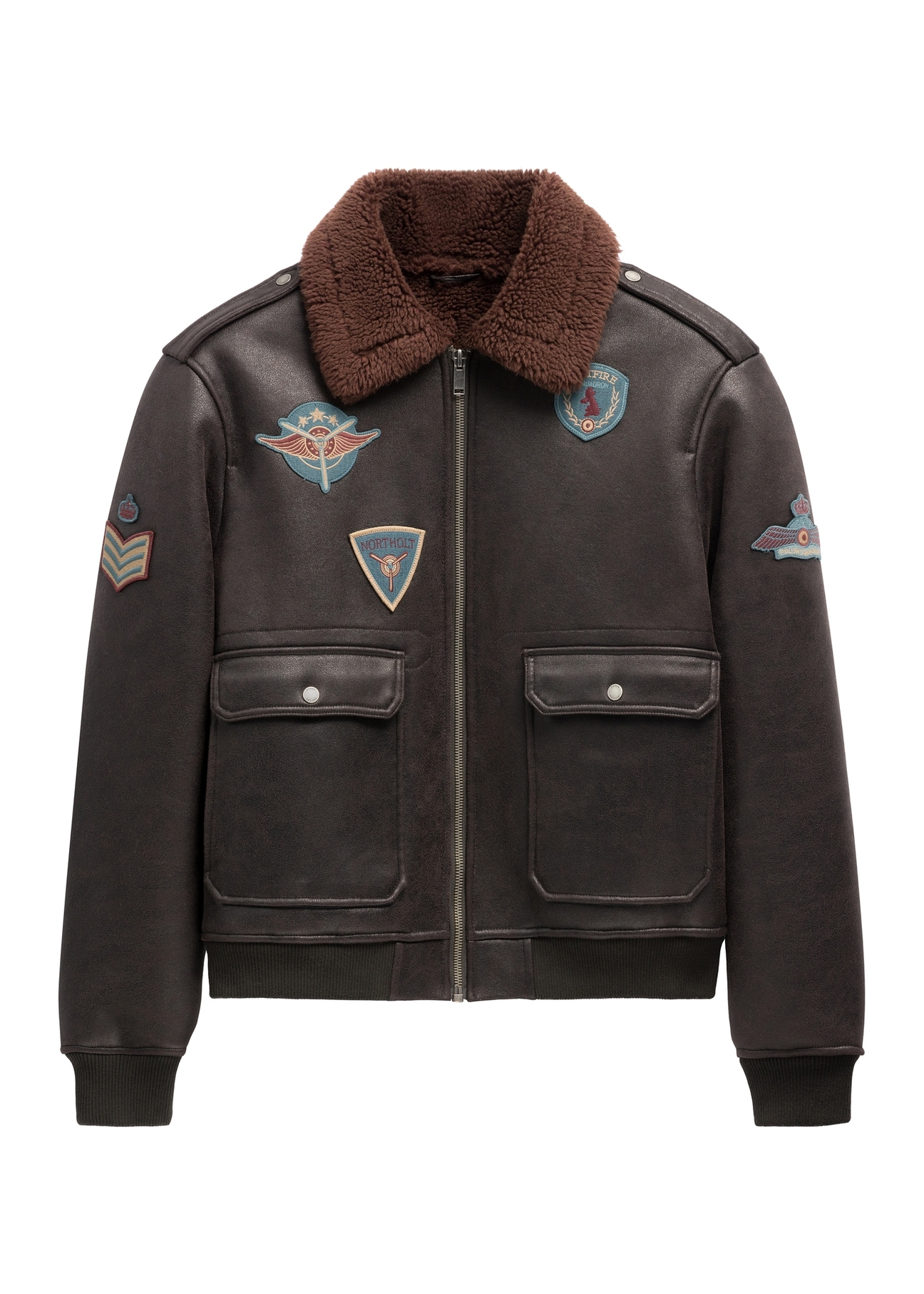 Men's brown aviator-style shearling coat KOZMP-0007-1I(Z26) – front view on a white background.