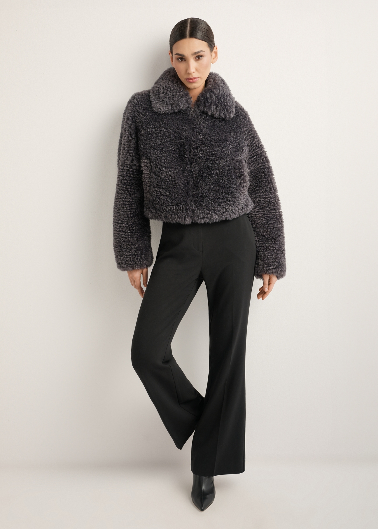 Women's gray short fur coat FUTDP-0082-9D(Z26), front view of the product on the model. Full body visible.