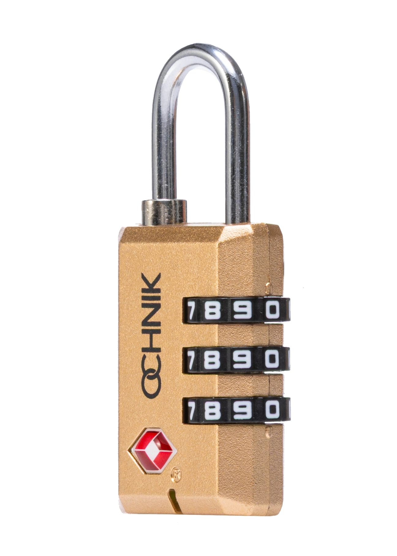 Gold TSA combination padlock AW-015-0002-28(W25), diagonal product view on white background.