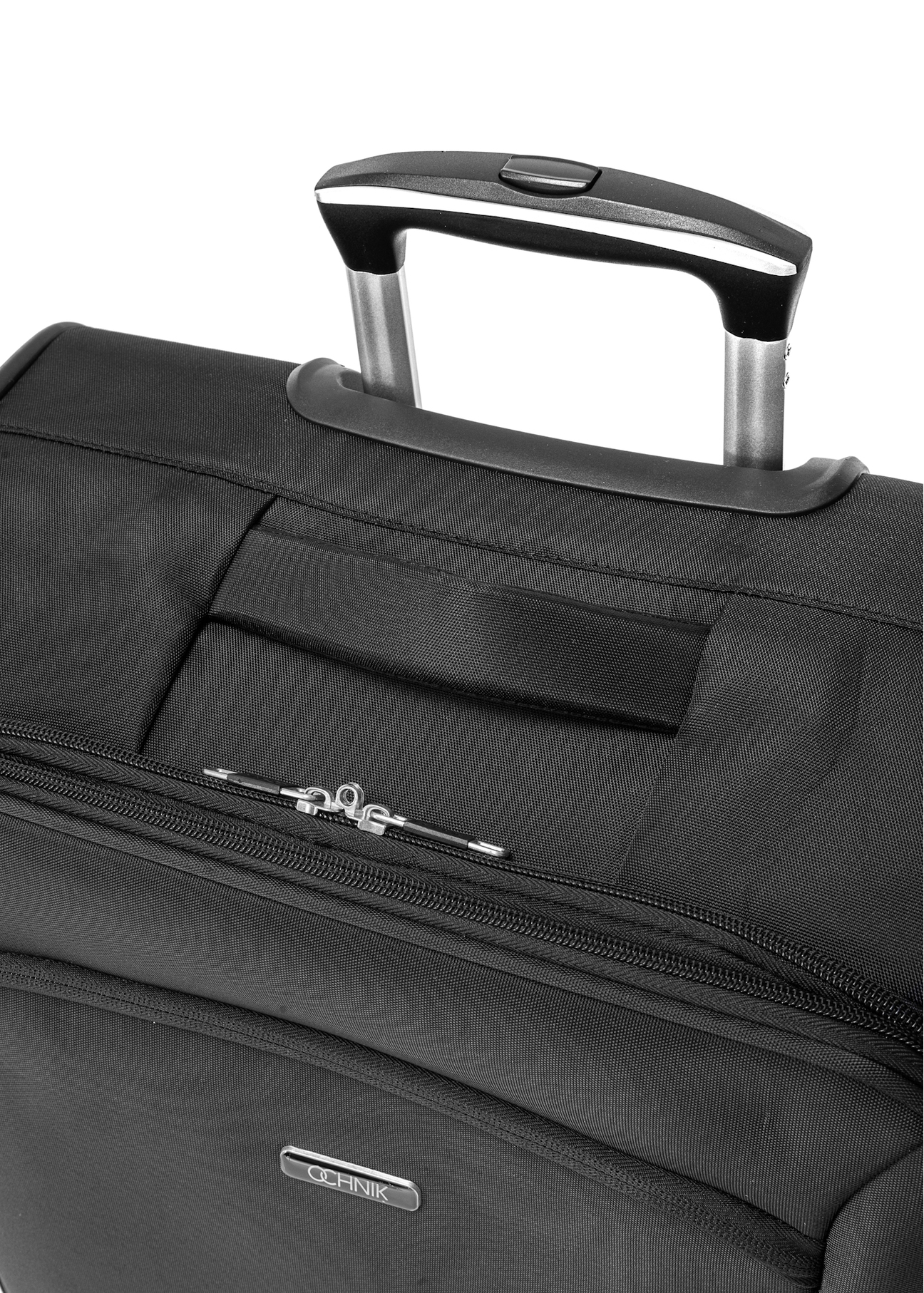 Small suitcase on wheels WALNY-0042-99-19(W25) - close-up of the detail on a white background.