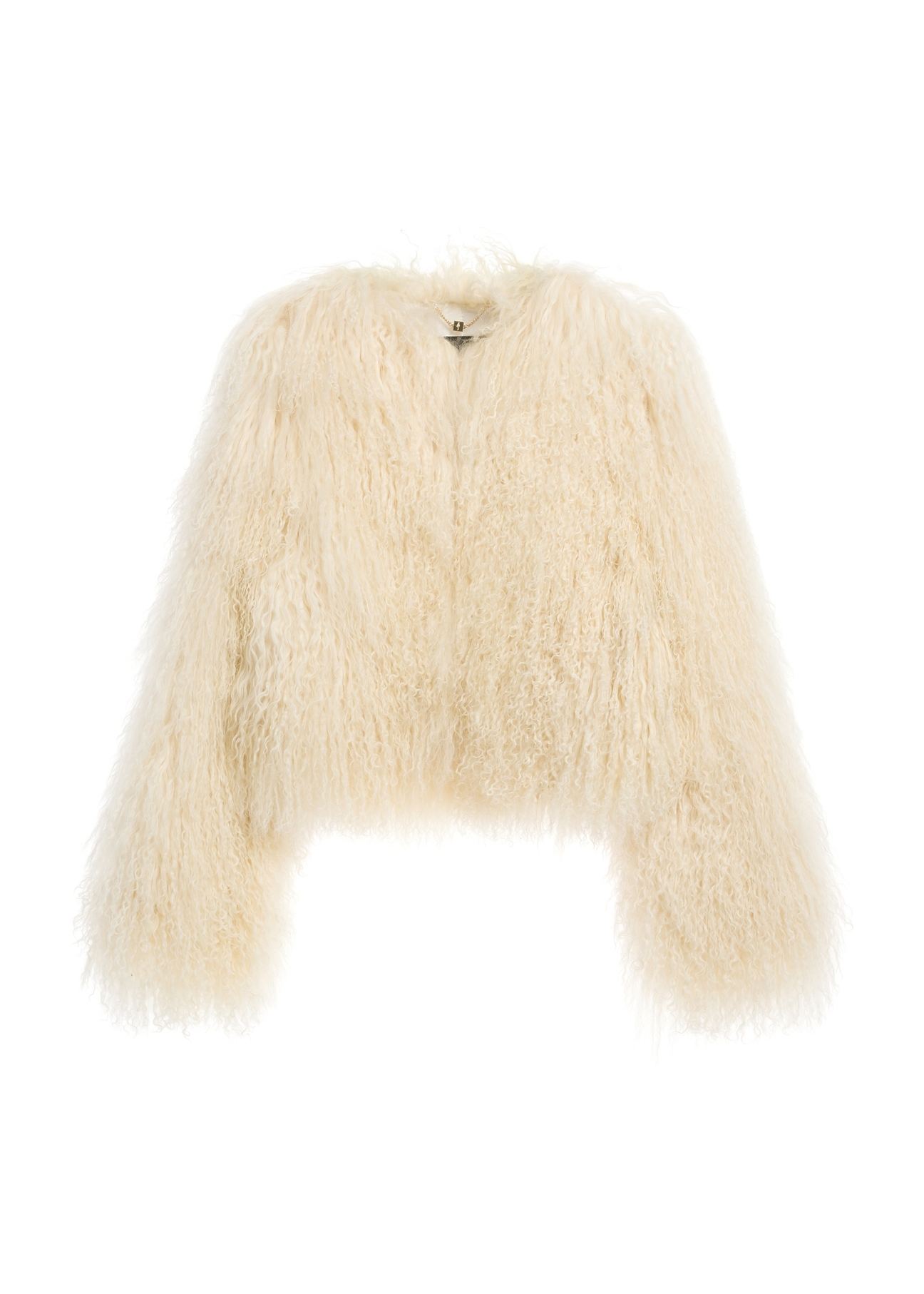 Short natural fur coat in cream color FUTDF-0104-4160(Z25), product view from the front on a white background.