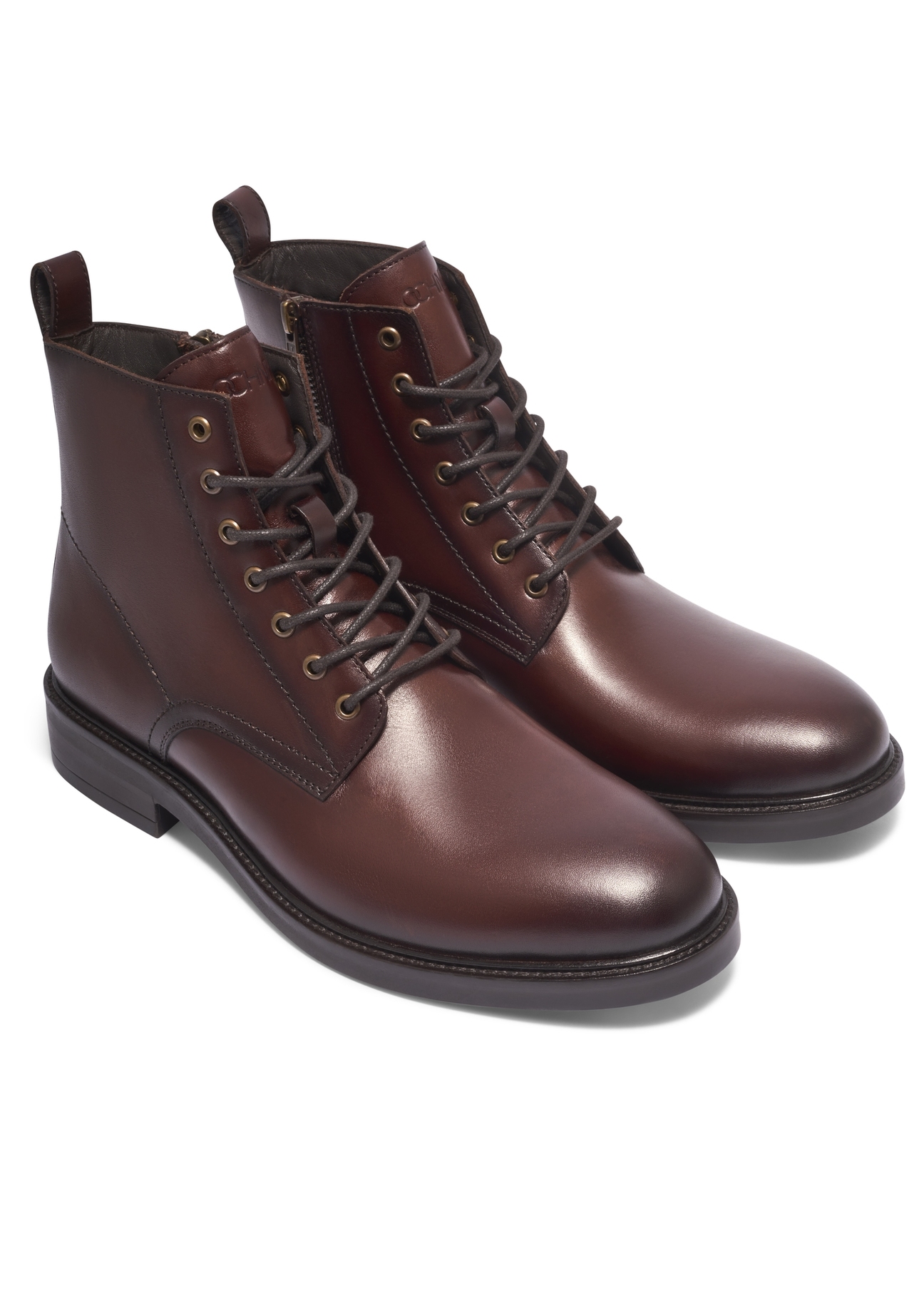Dark brown men's leather ankle boots BUTYM-0580-1I(Z26), diagonal product view on white background.