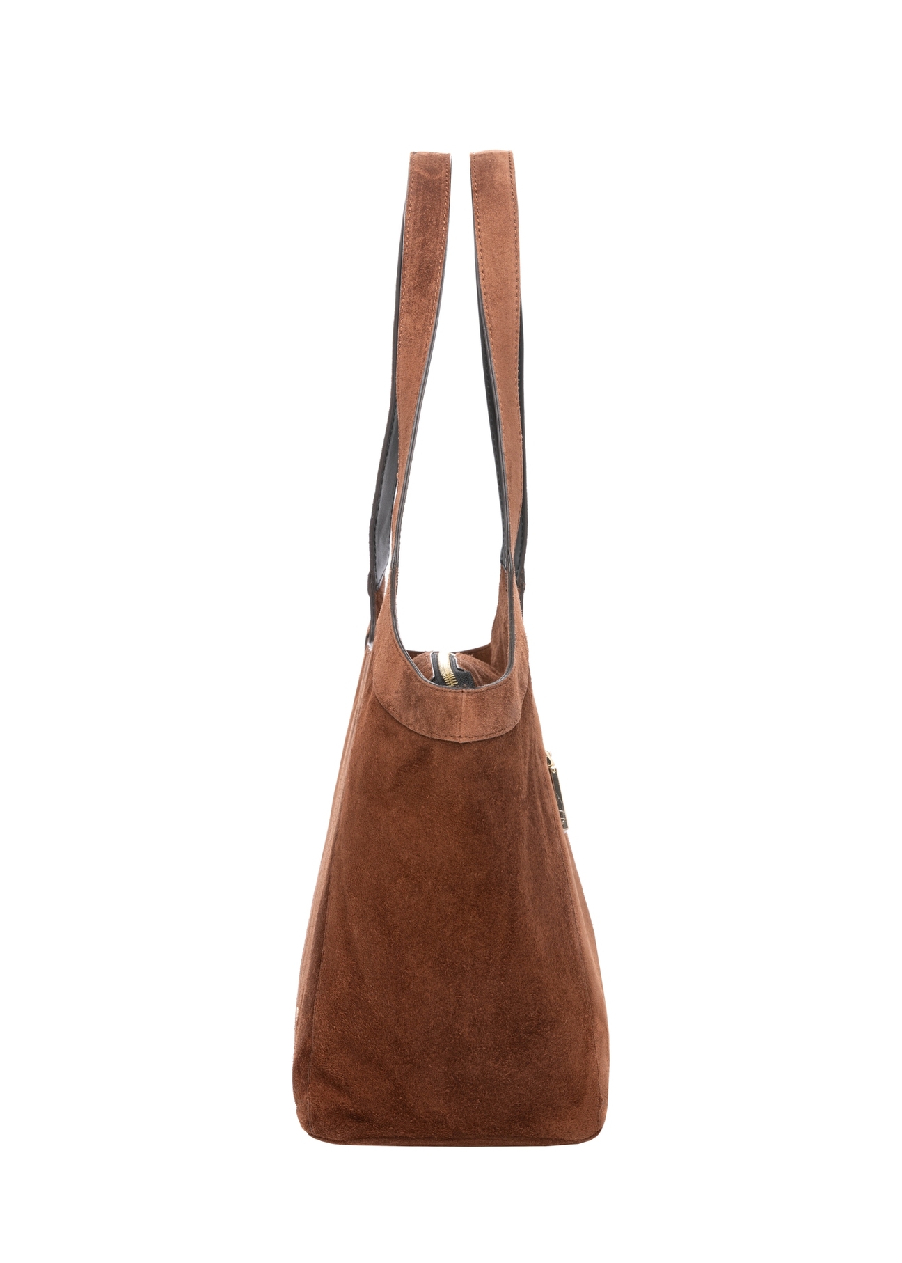 Cognac suede large women's handbag TORES-1169-1F(W26), product view from the side on a white background.