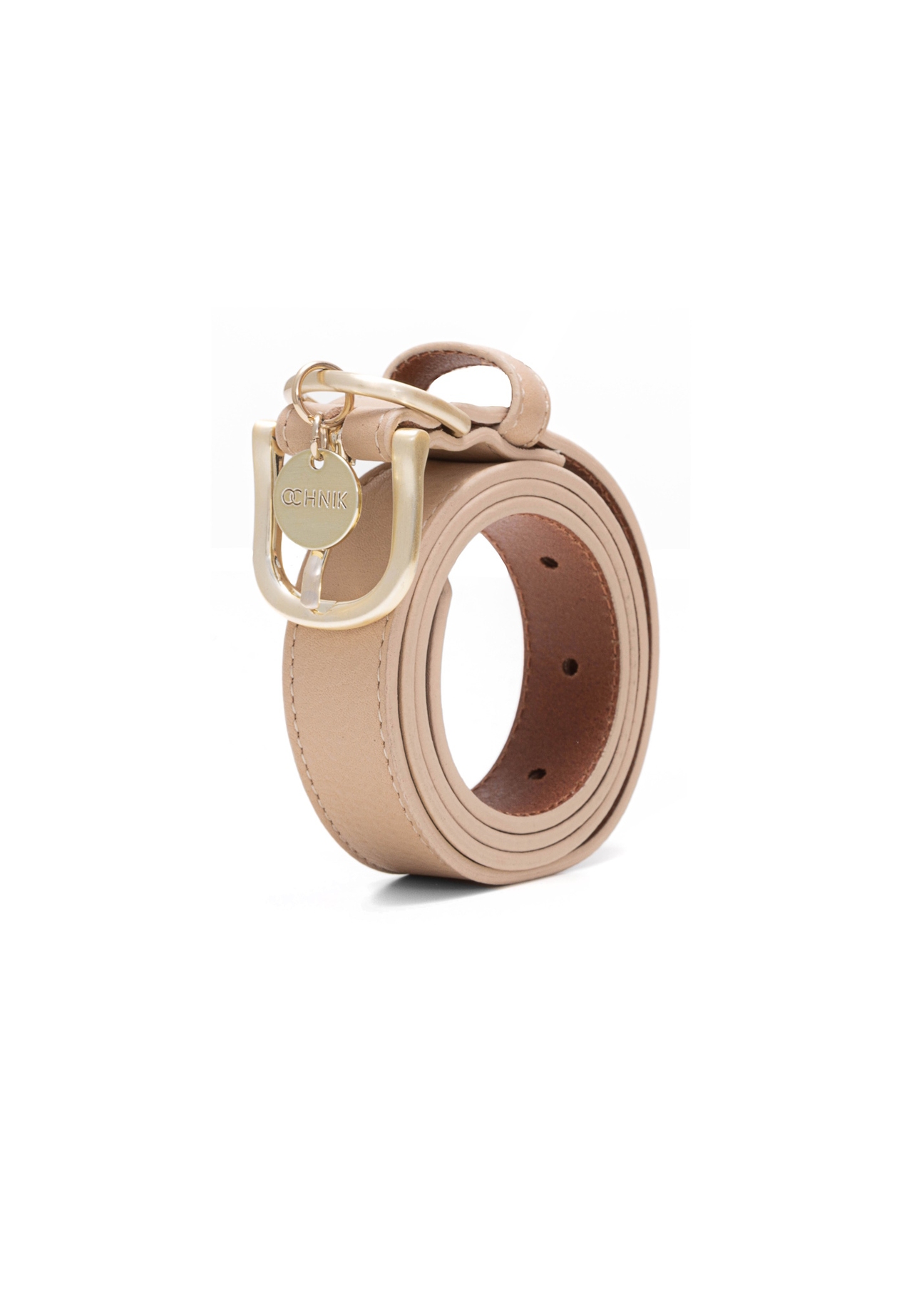 Beige women's leather belt PASDS-0275-81(Z25), diagonal product view on white background.