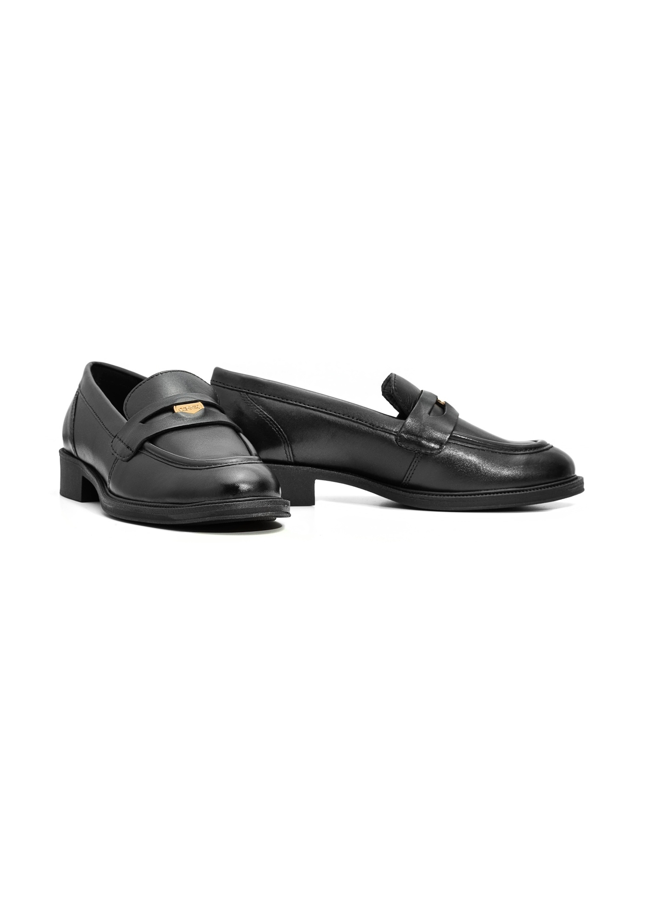 Women's black leather moccasins with logo BUTYD-1199-99(Z25), diagonal product view on white background.