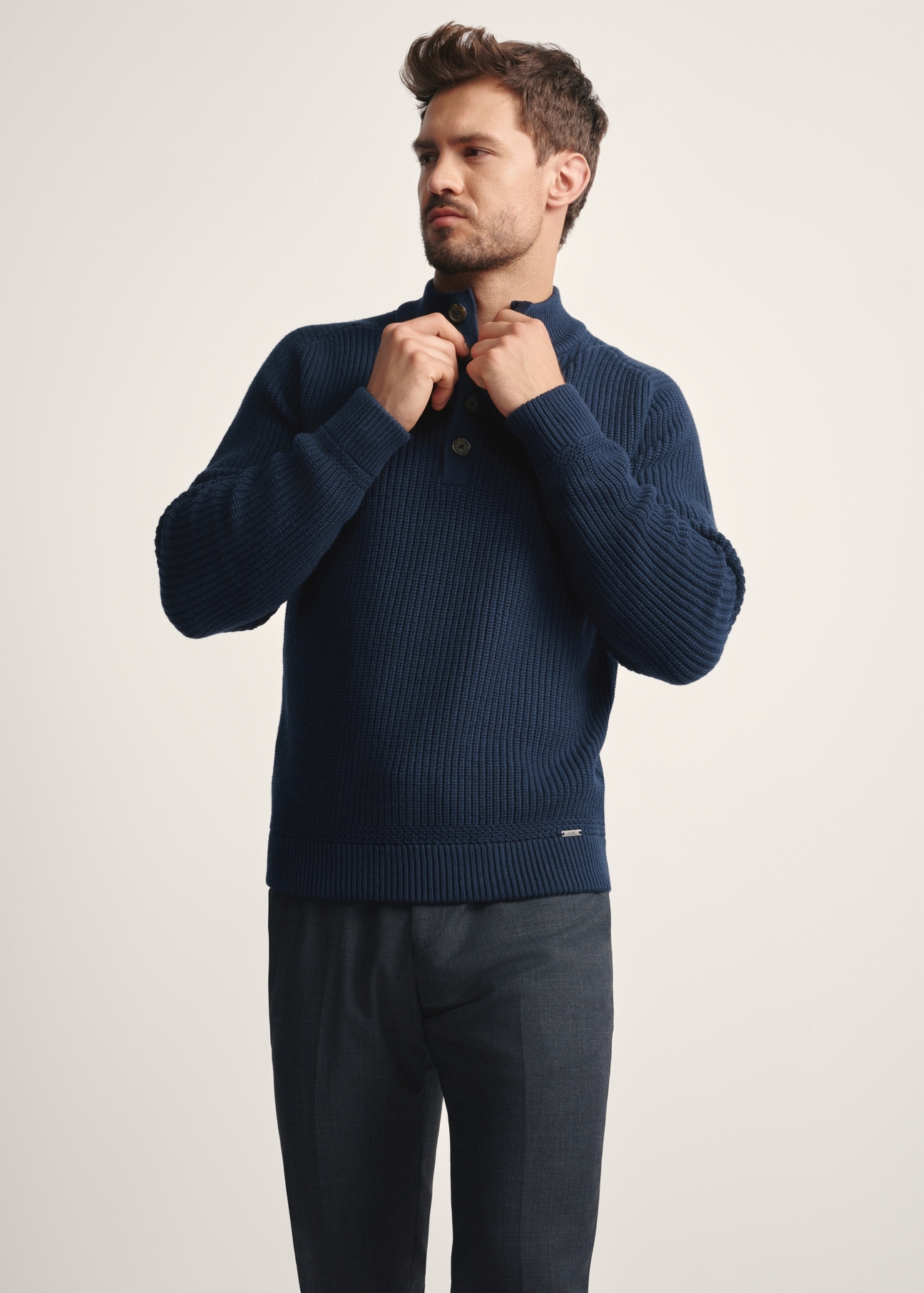 Men's navy blue sweater with stand-up collar SWEMT-0168-68(Z25) - front view of the product model on a white background. Half of the silhouette visible.