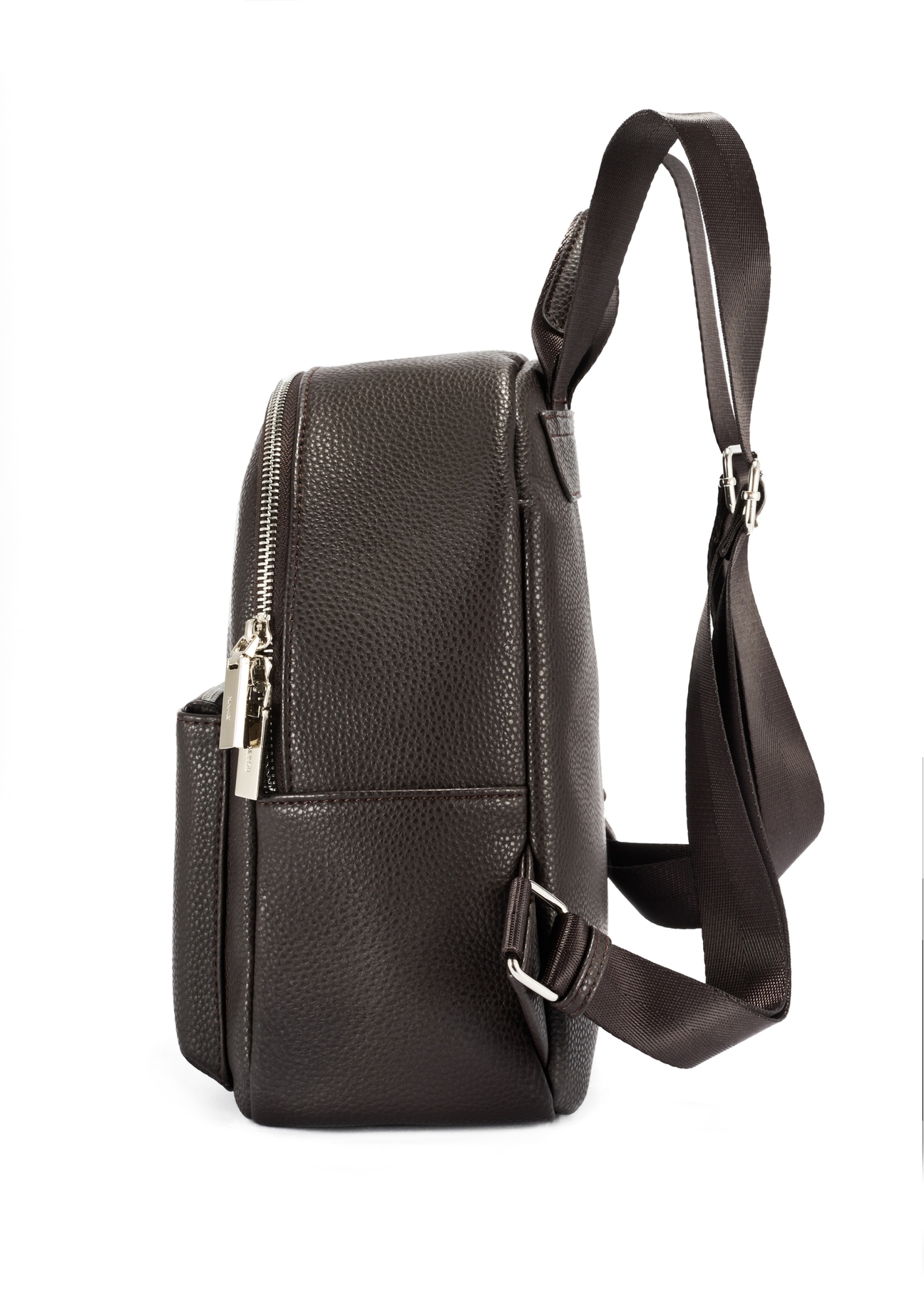 Dark brown women's backpack TOREC-0996A-89(Z25), product view from the side on a white background.