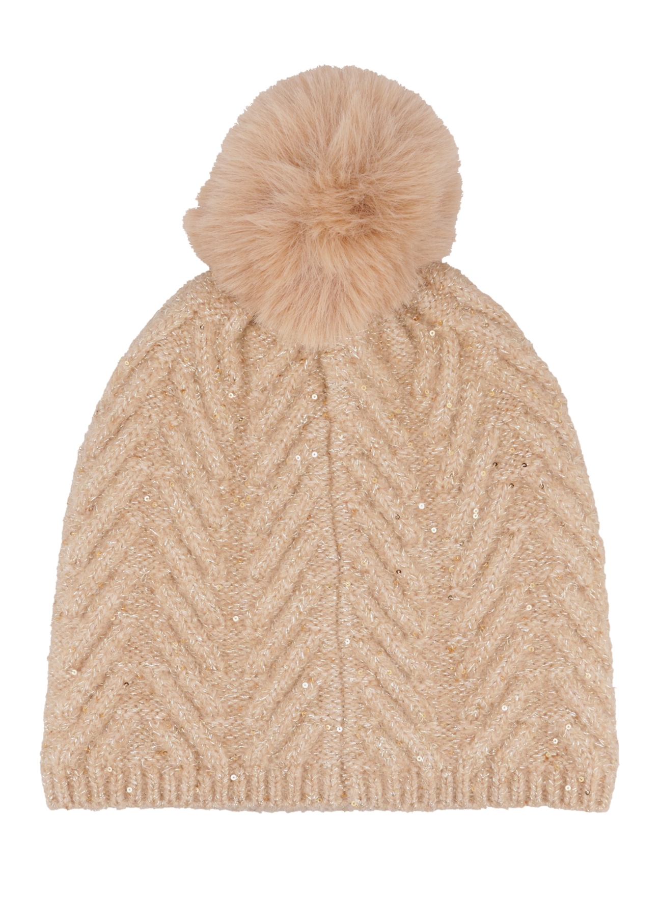 Light beige women's hat with pompom and sequins CZADT-0220-1A(Z26), back view of the product on a white background.