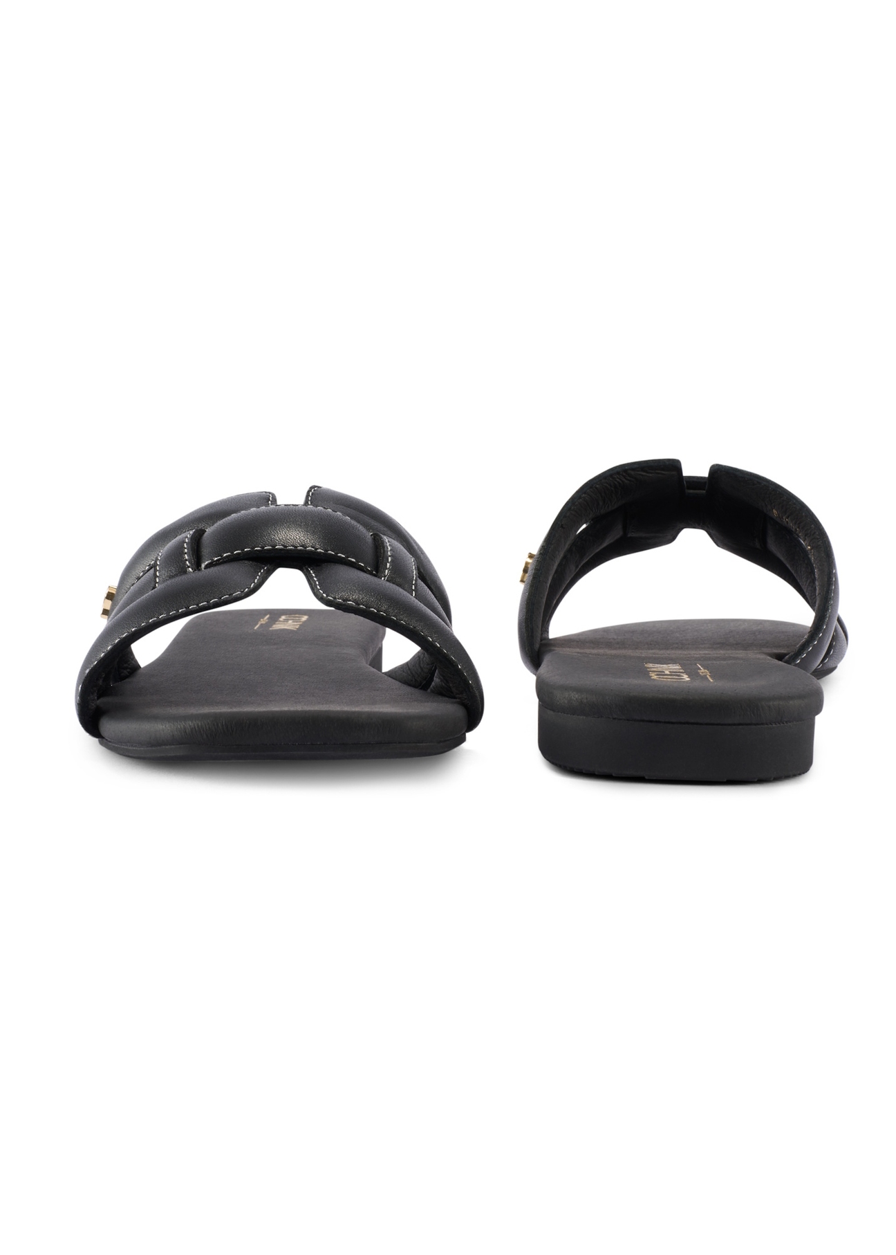 Women's black leather slides with braid BUTYD-1225-99(W26), front and back product view on white background.