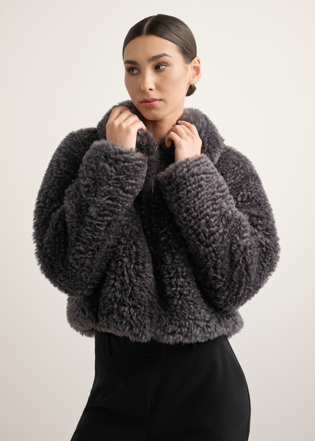 Women's gray short fur coat FUTDP-0082-9D(Z26), front view of the product on the model. Half of the silhouette visible.
