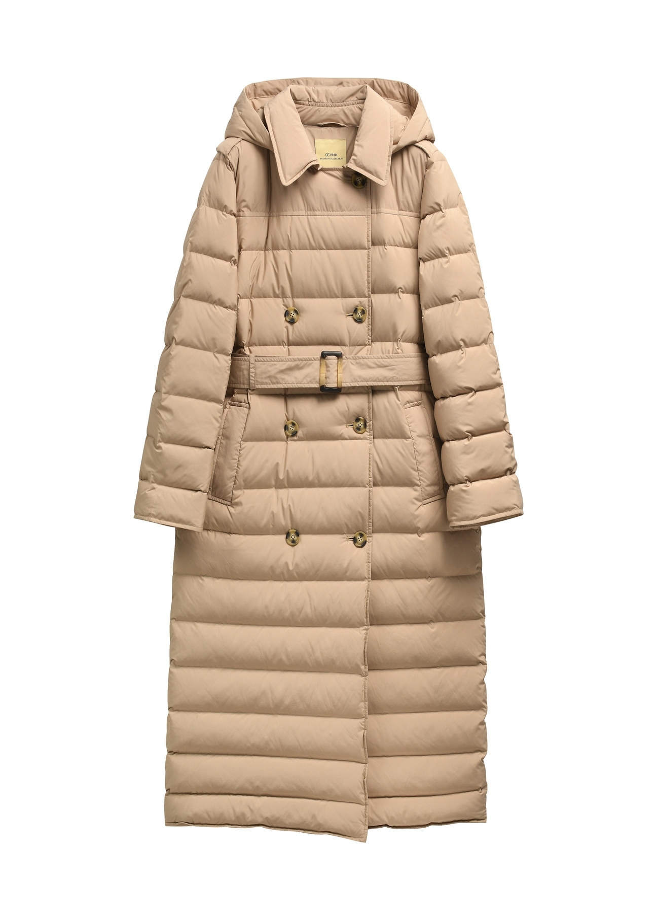 Dark beige long women's jacket KURDT-0709-1C(Z26), product photo from the front on a light background.