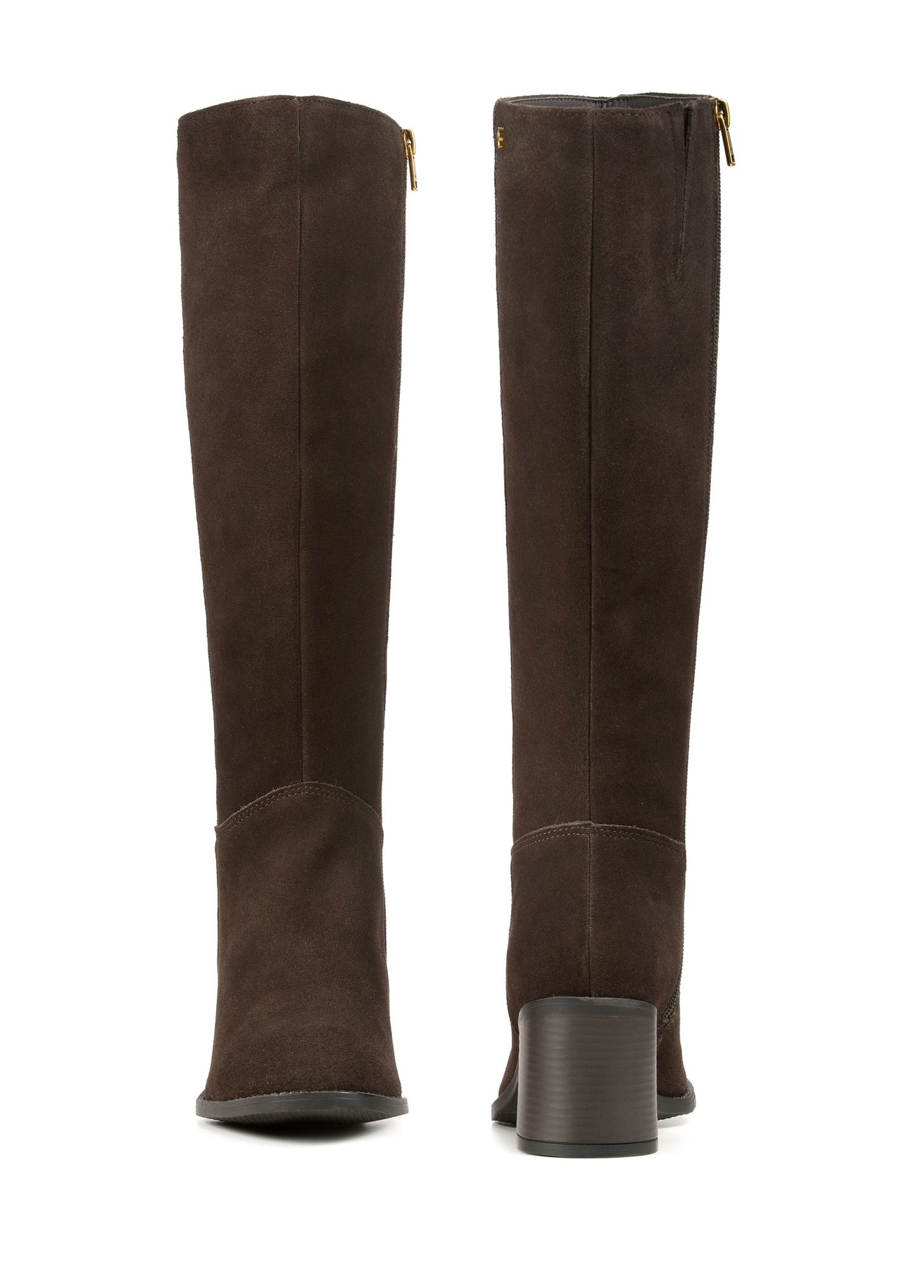 Brown suede high heel boots BUTYD-1100-1I(Z26), front and back product view on white background.