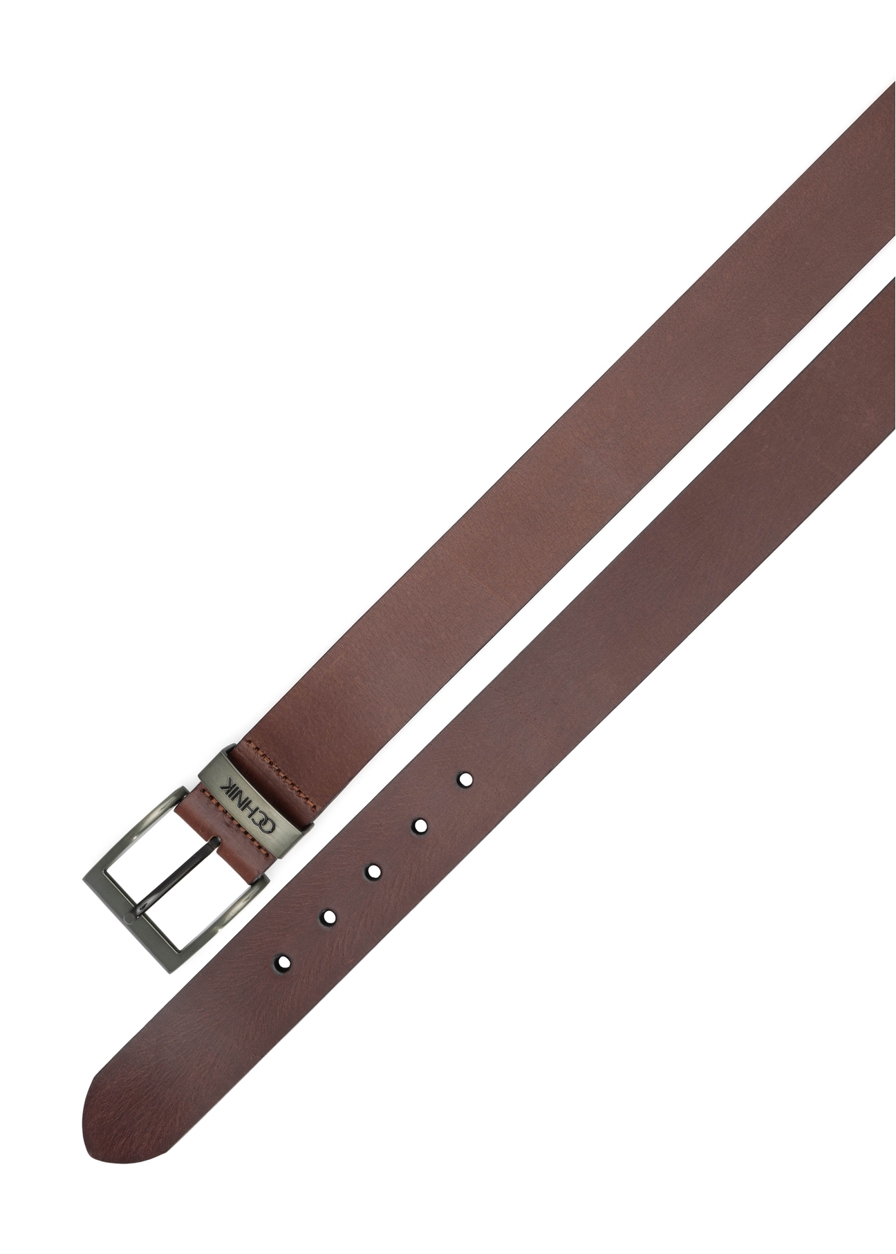 Men's brown leather belt PASMS-0274-89(Z25), view of the clasp of the product on a white background.