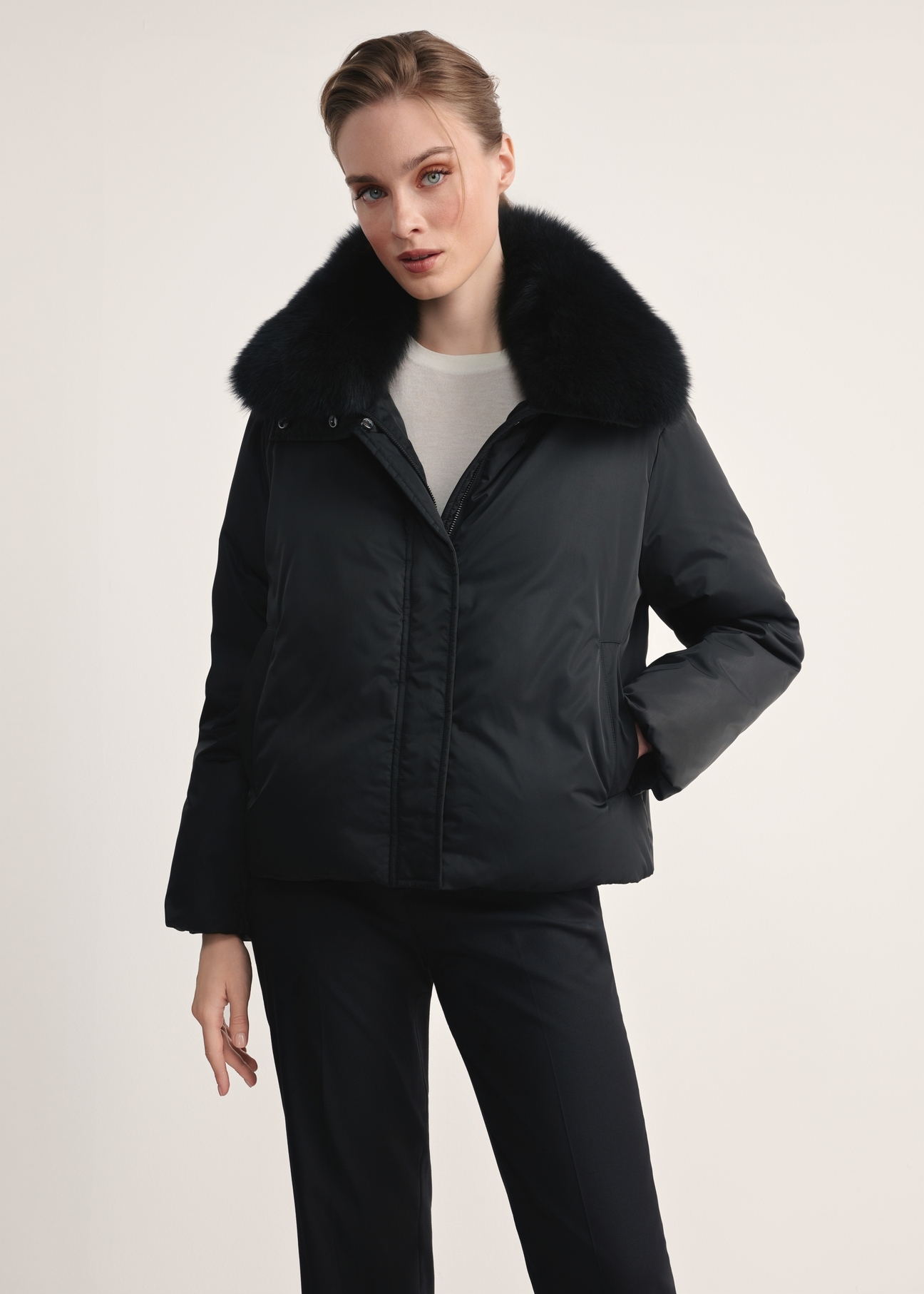 Black women's winter jacket with natural fur KURDT-0593-99(Z25)