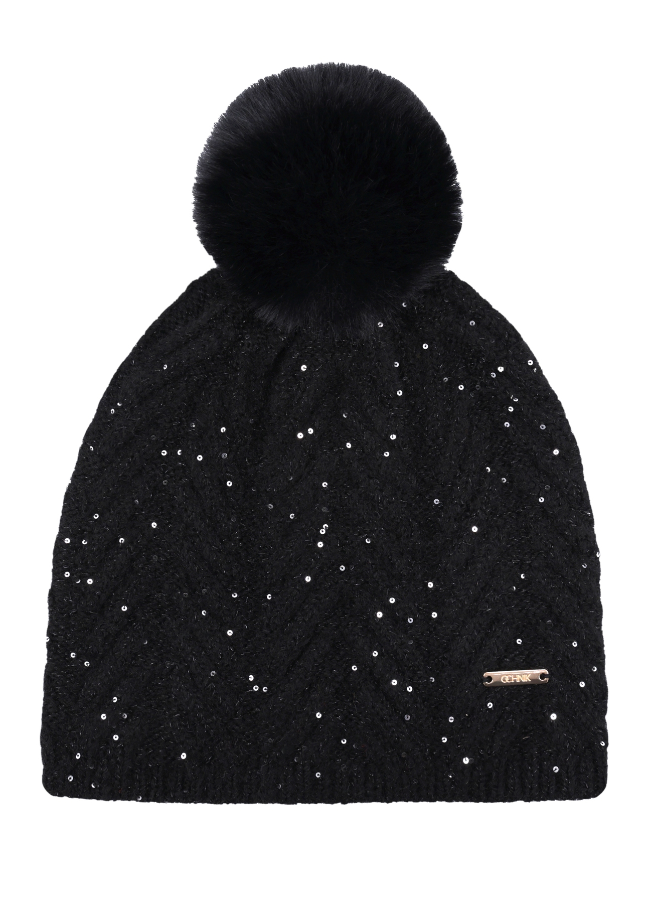 Black women's hat with pompom and sequins CZADT-0220-99(Z26), front product view on a white background.
