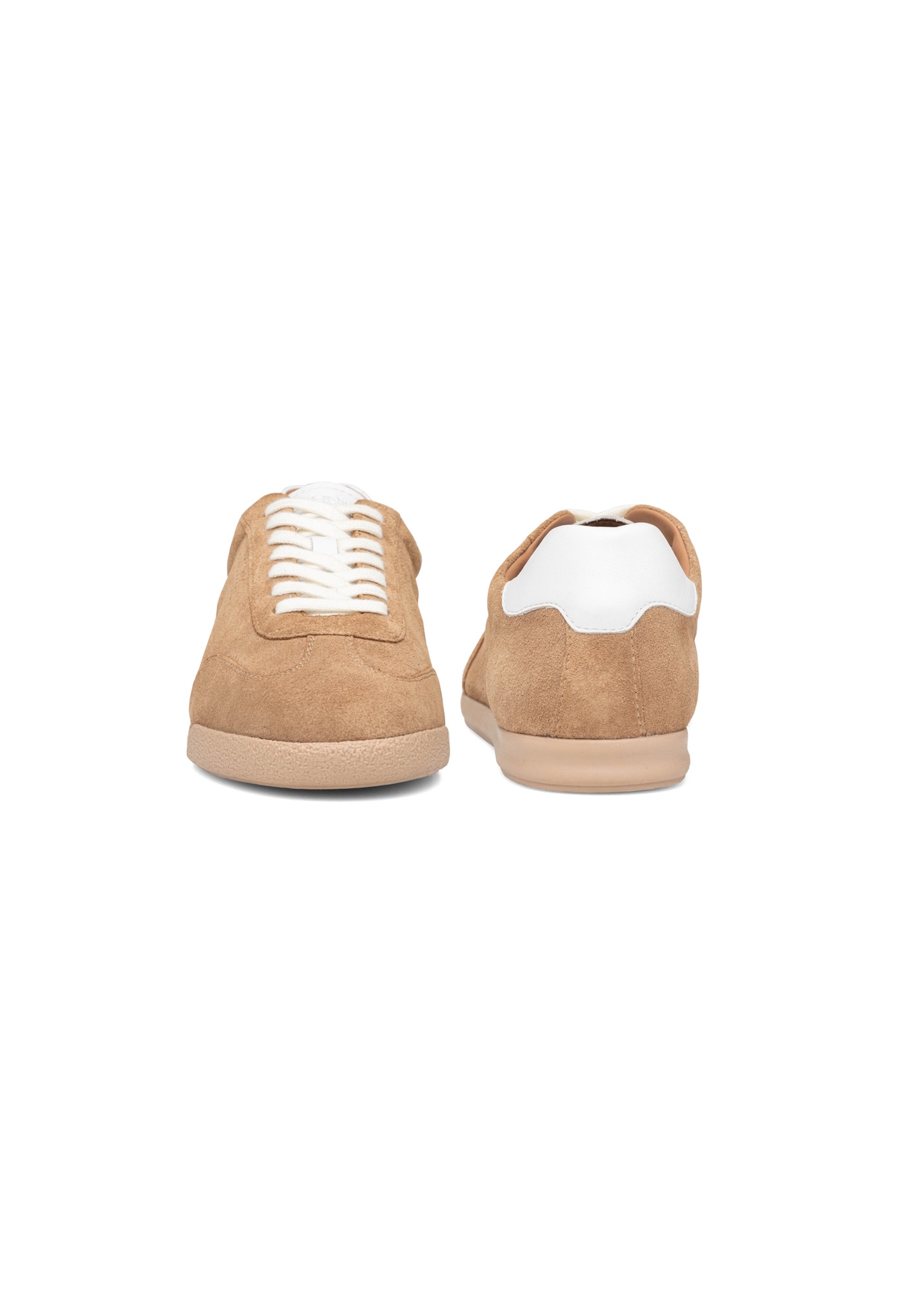 Beige leather sports shoes BUTYM-0534-1B(W26), front and back product view on white background.