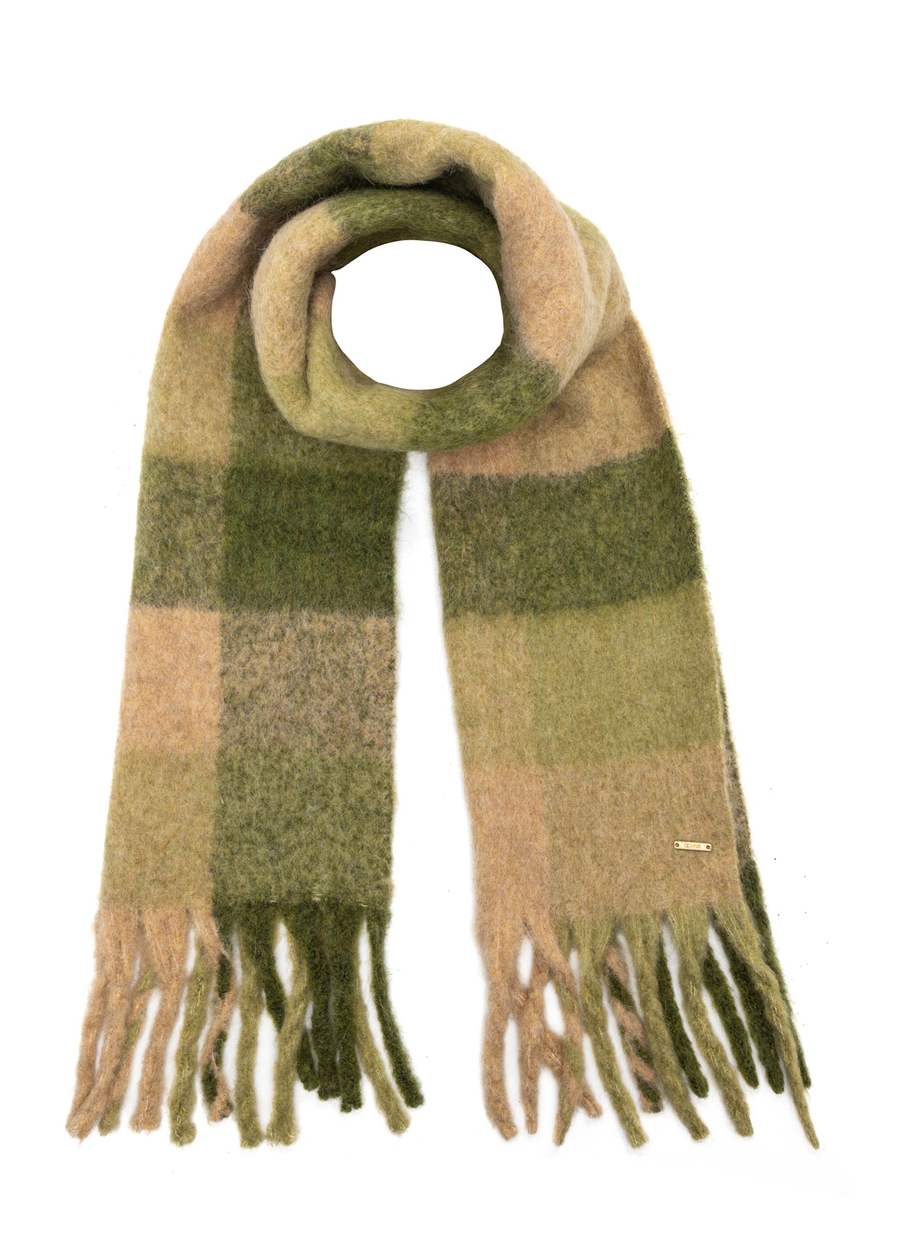 Green women's scarf with wool SZADT-0234-8P(Z26), front product view on white background.