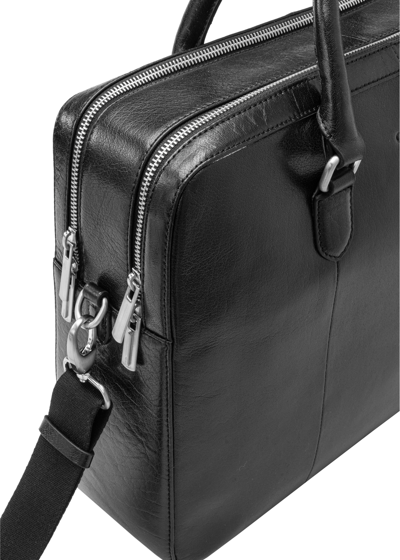 Black leather men's briefcase TORMS-0507-99(W26) - close-up detail, on white background.