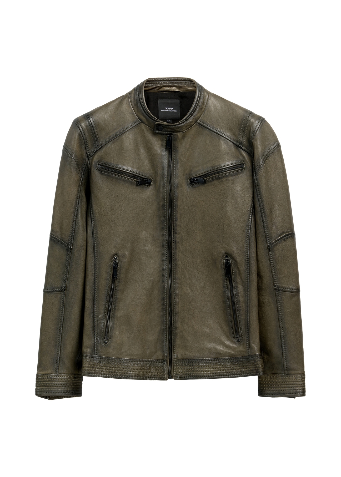 Men's khaki leather jacket KURMS-0403-8D(W26) - front product view, on white background.