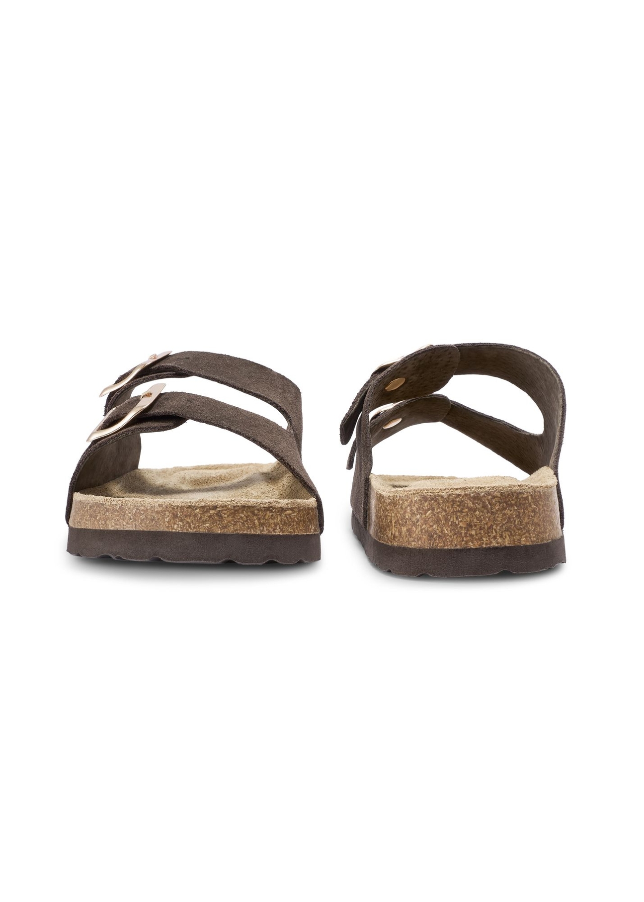 Women's dark brown leather flip-flops BUTYD-1158-1I(W26) - front and back view of the product, on a white background.