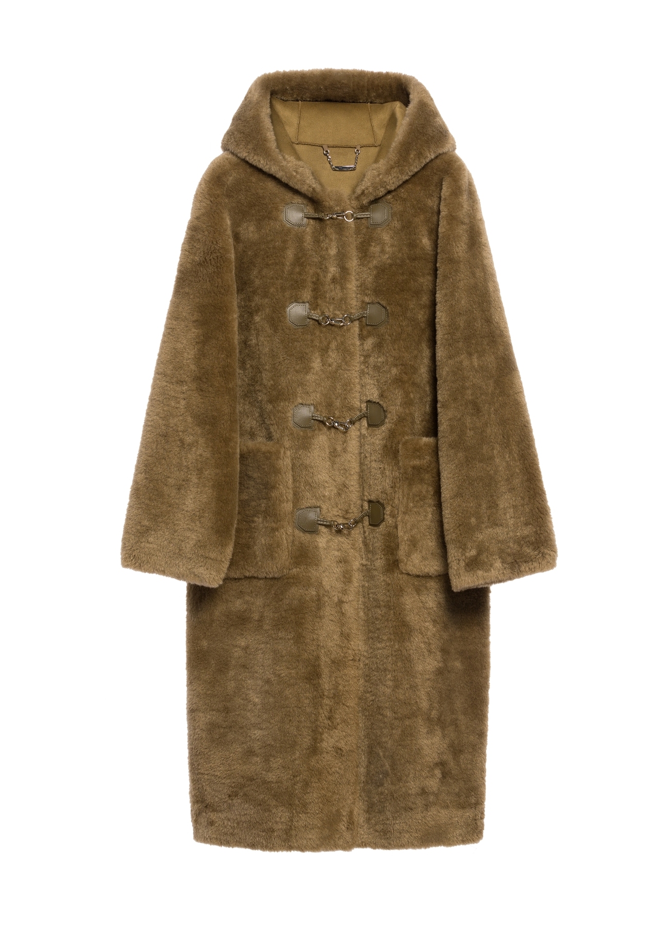 Women's khaki fur coat FUTDP-0070-55(Z25), product view from the front on a white background.