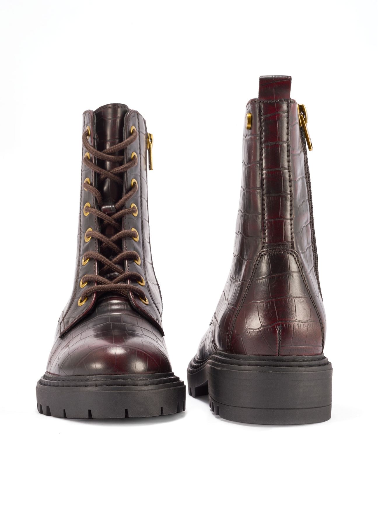 Burgundy women's croco ankle boots BUTYD-1192-90(Z25), front and back product view on white background.