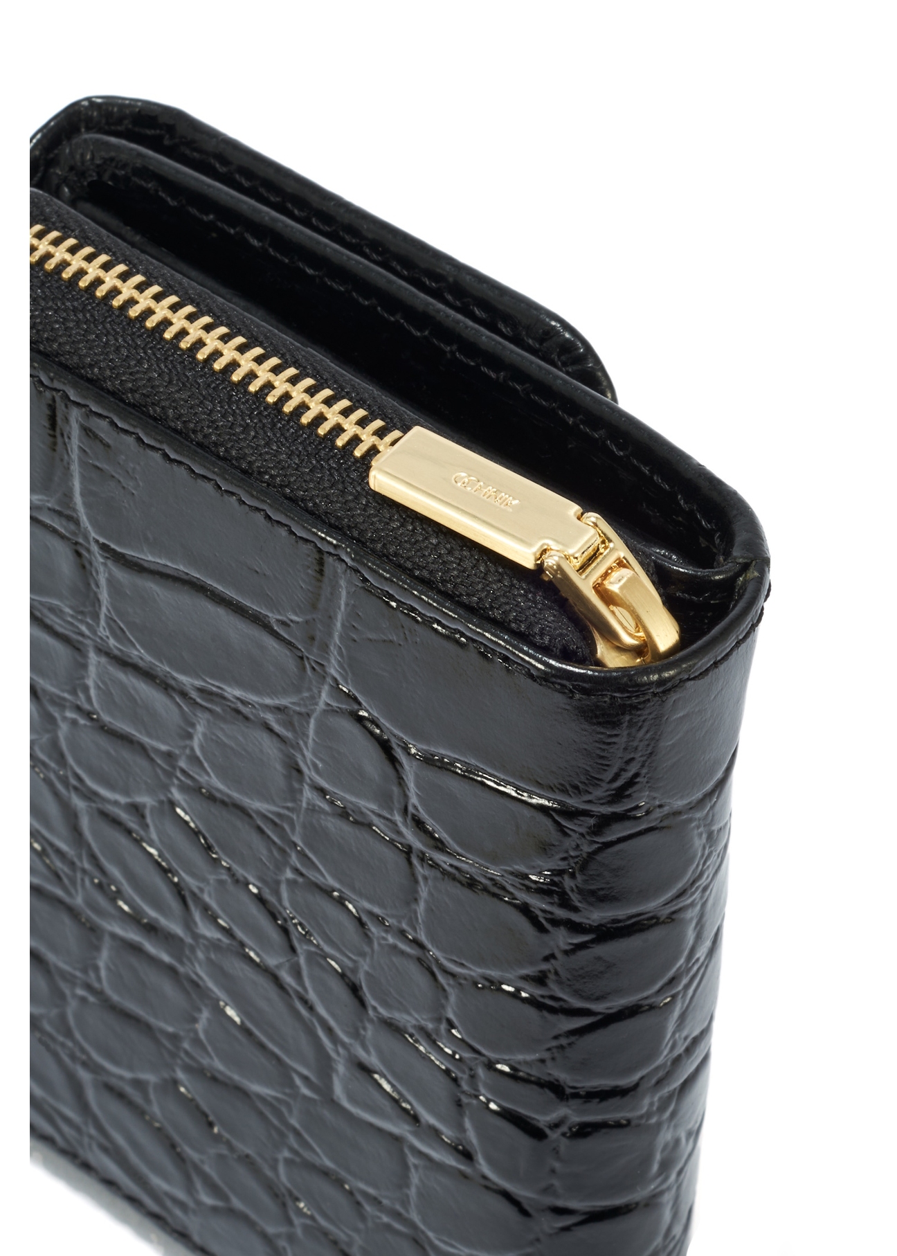 Small leather black women's croco wallet PORES-0957-99(W25), close-up detail on white background.