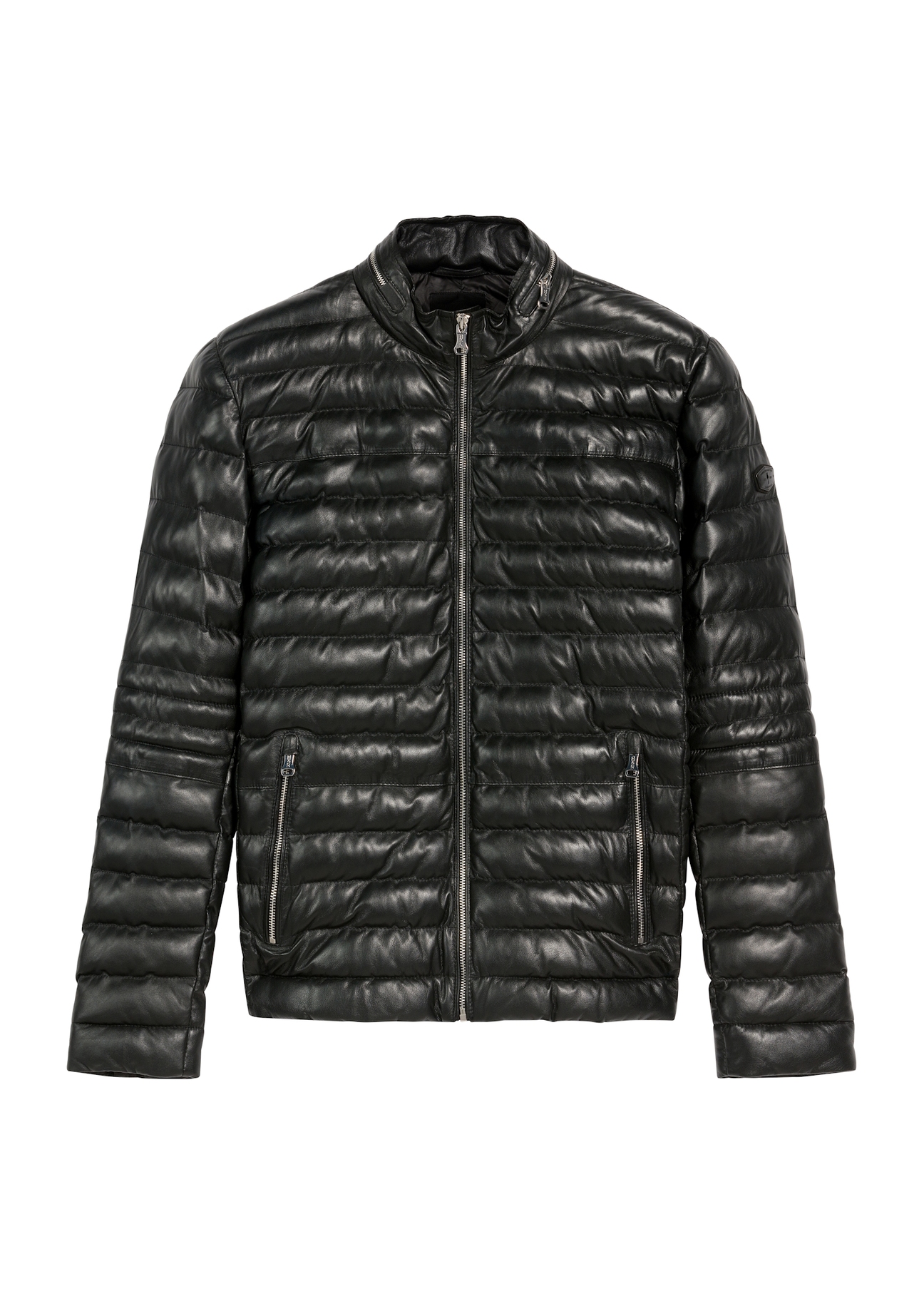 Black men's leather insulated jacket KURMS-0379-3358(Z25), product view from the front on a white background.