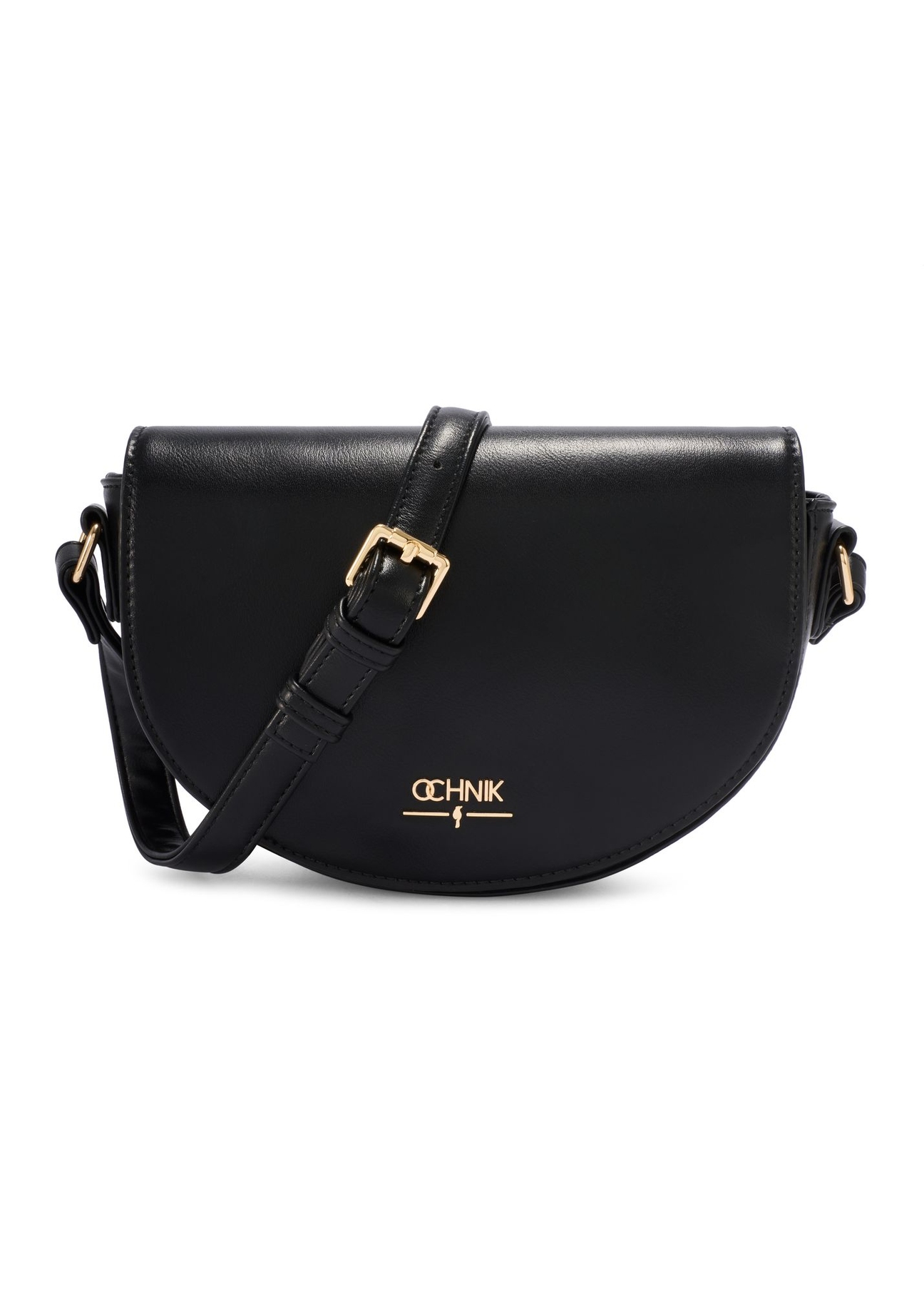 Black semi-circular women's messenger bag TOREC-1184-99(W26) - front product view, on a white background.