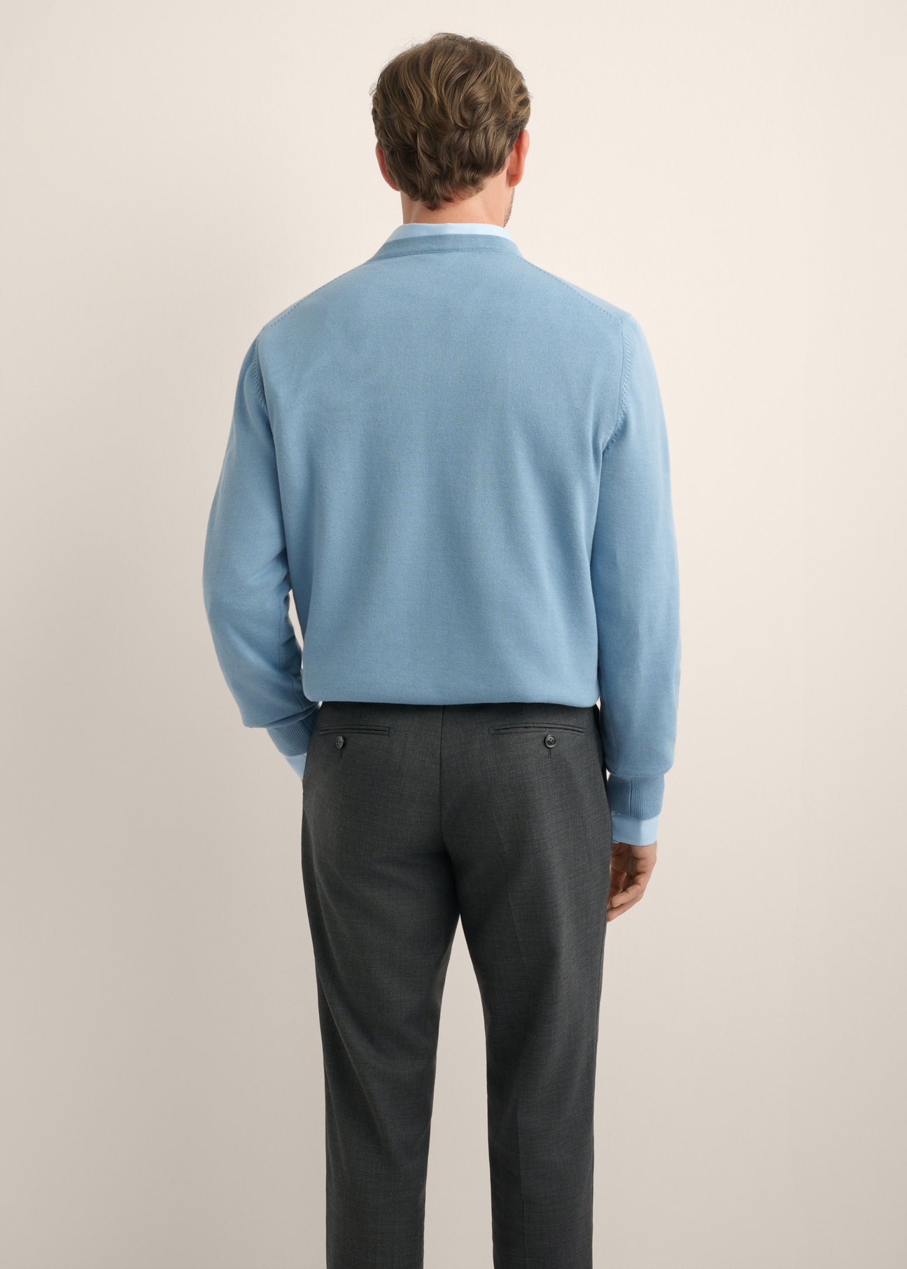 Blue men's sweater with logo SWEMT-0159A-7B(Z26), back view of the product on the model. Half of the silhouette visible.