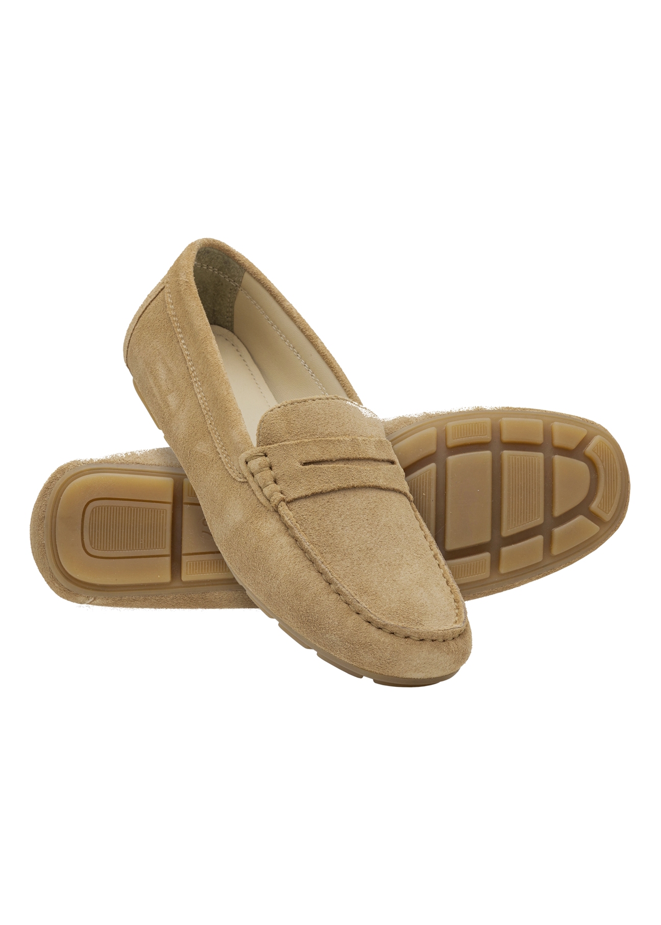 Women's leather moccasins in cool beige color BUTYD-1262-1K(W26), diagonal product view on a white background.