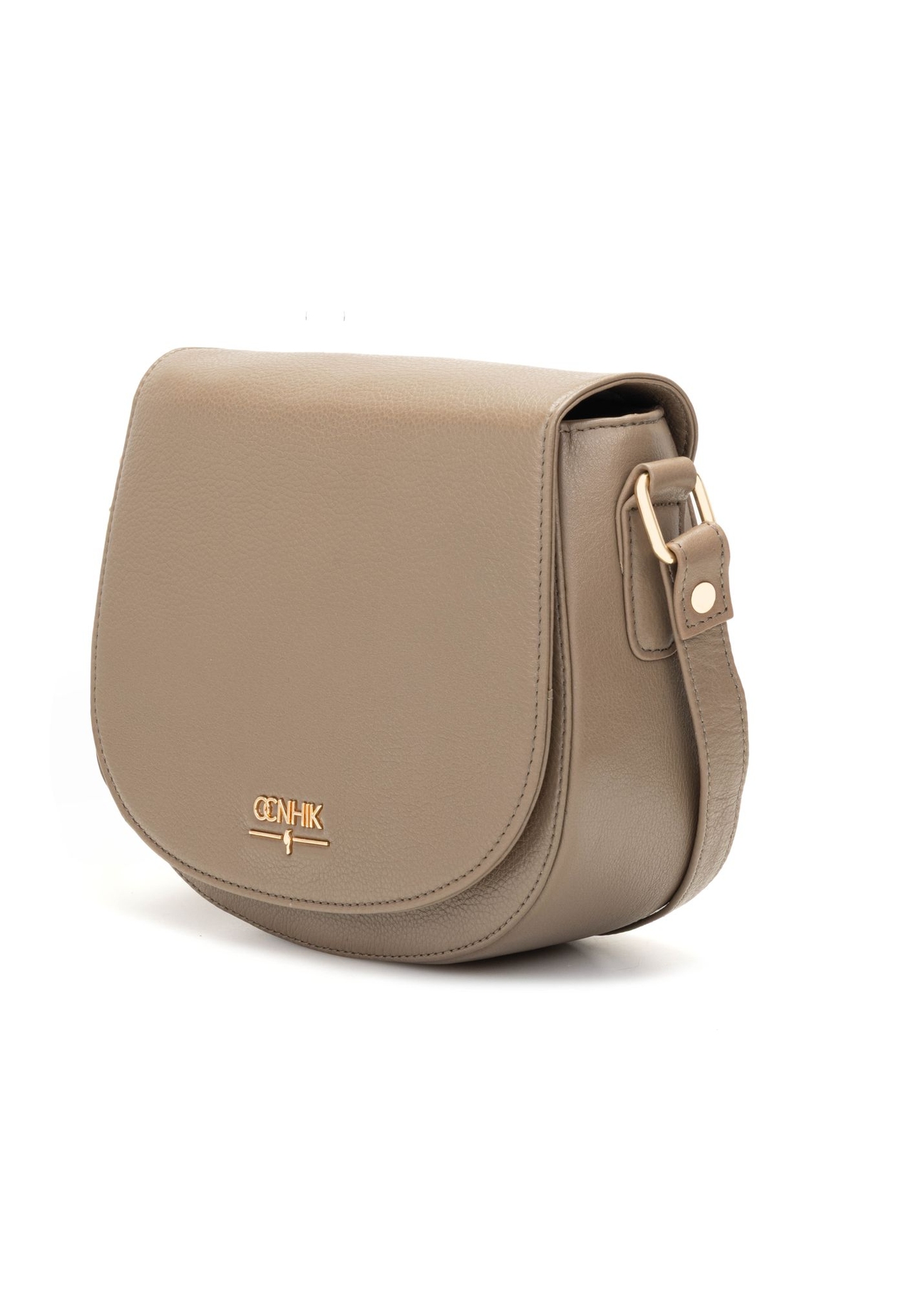 Dark beige leather semi-circular messenger bag TORES-0972F-1K(W26) - diagonal product view on white background.