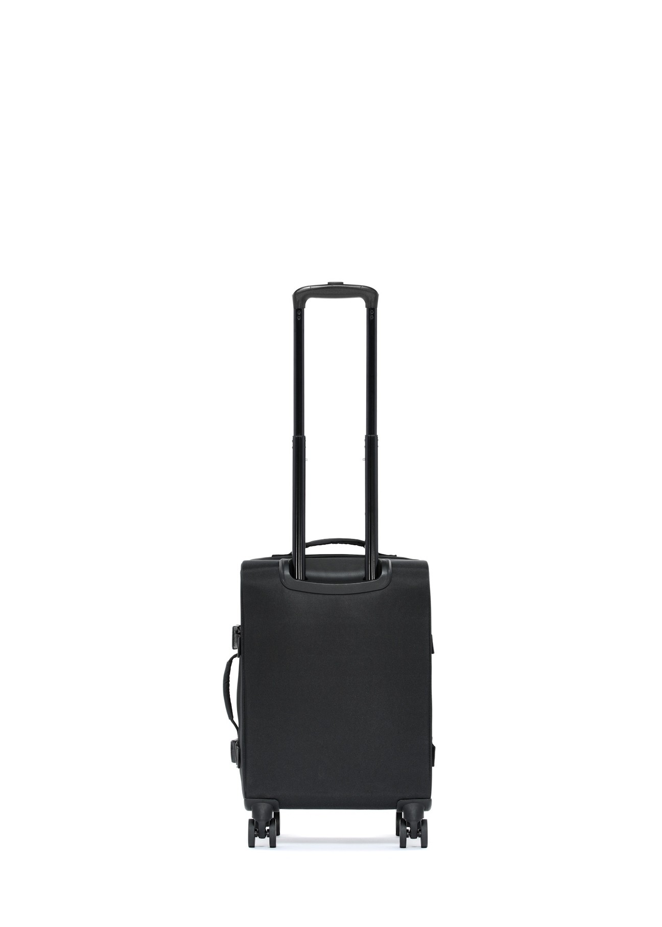 Small suitcase on wheels WALNY-0043-99-19(W25) in black with logo - view with extended handle on white background.